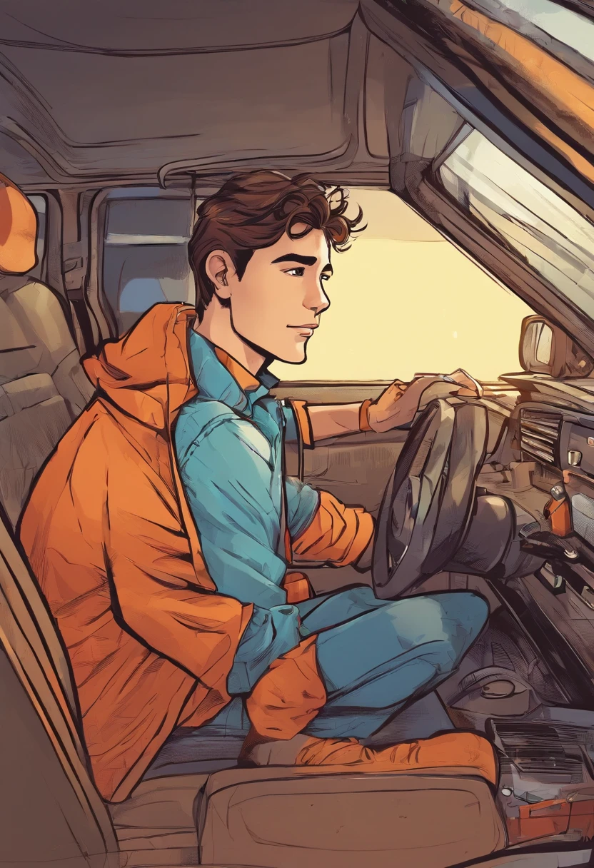 teenage boy, talking to his father inside a car, super detailed image, manga style, full hd