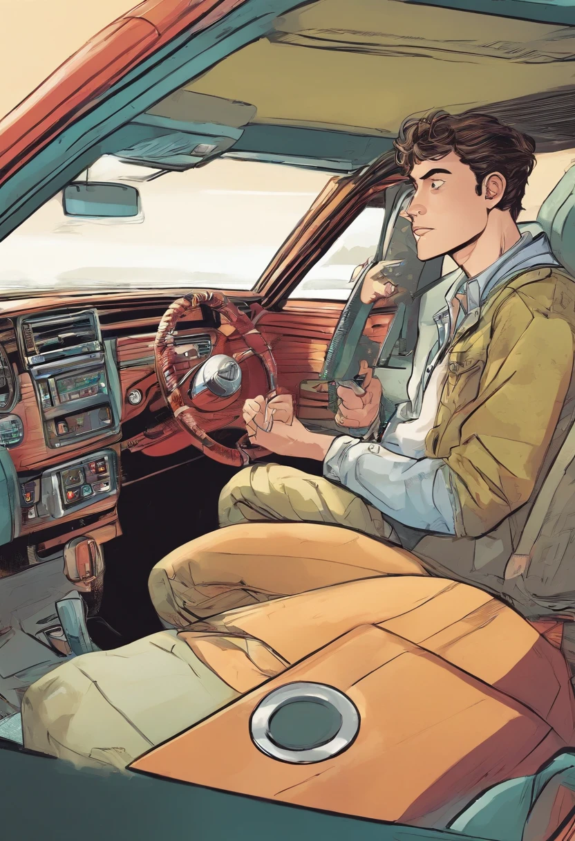 teenage boy inside a car, talking to his father who is driving, super detailed image, comic style, comic american, full hd