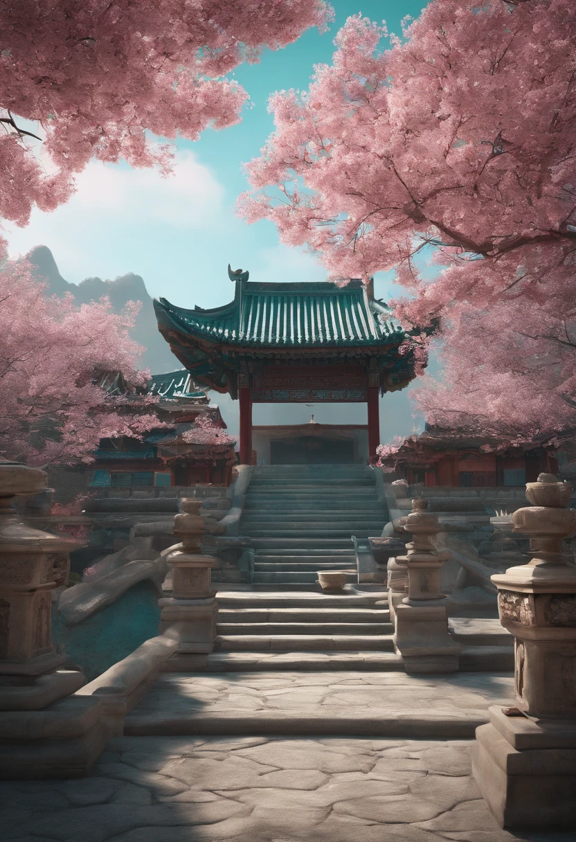 Boy in a place related to interior decoration,Use VR、AR、cameras、camera、Painting related elements、UAVs、Mapping tools and other items to take pictures and create accurate 3D stereoscopic scenery。Light teal and dark pink style, traditional animation, travel, Layered Images, traditional, Vintage images, Cherry blossoms