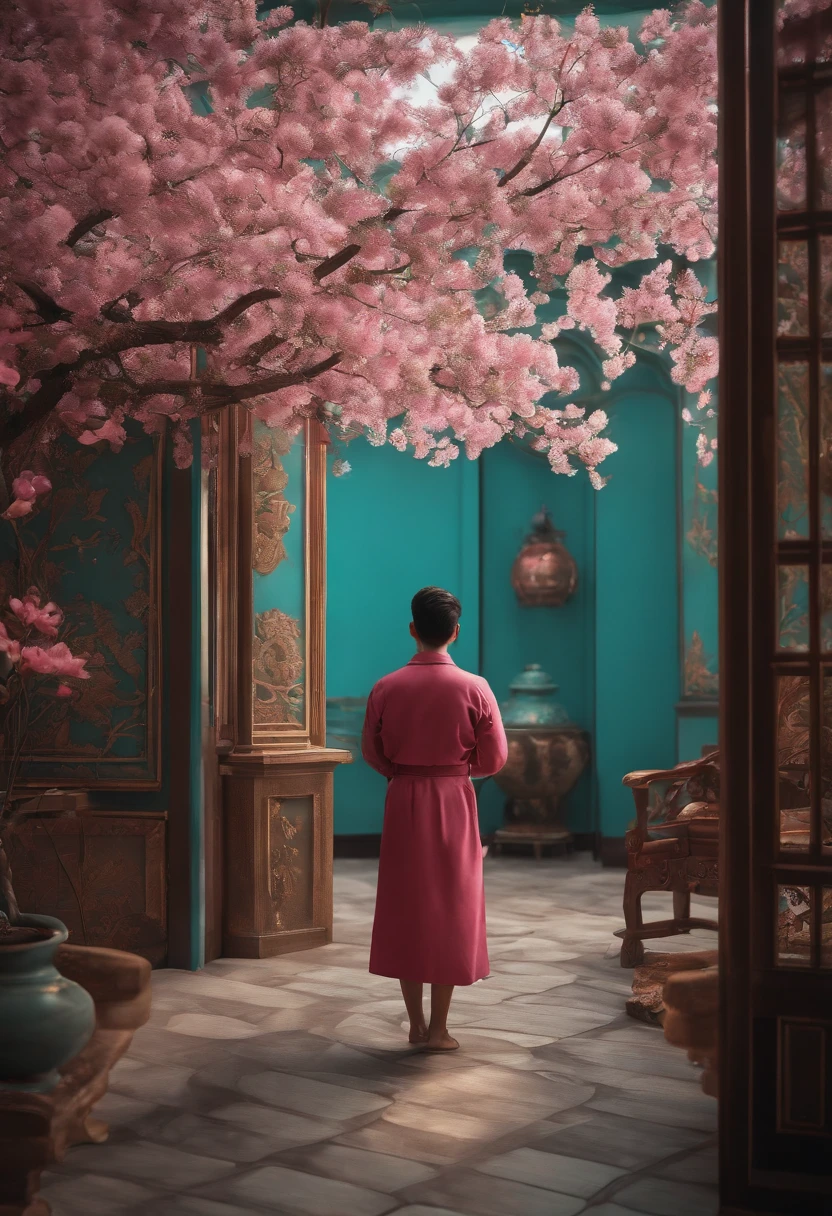 Boy in a place related to interior decoration，Use VR、AR、cameras、camera、Painting related elements、UAVs、Mapping tools and other items to take pictures and create accurate 3D stereoscopic scenery。Light teal and dark pink style, traditional animation, travel, Layered Images, traditional, Vintage images, Cherry blossoms