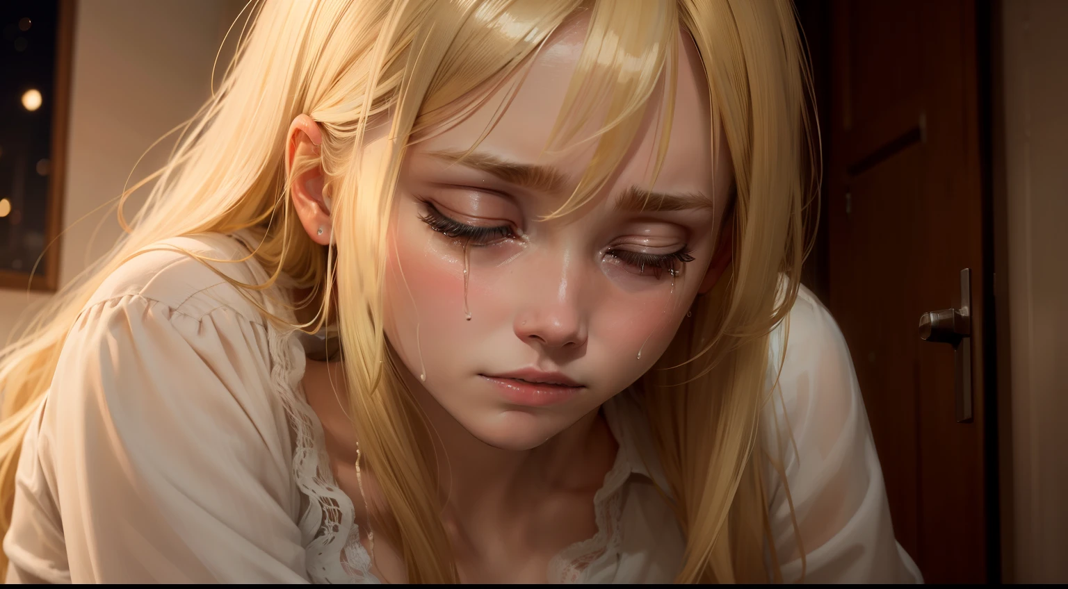 Abigail, a blonde hair young woman crying in tears, at home, at night