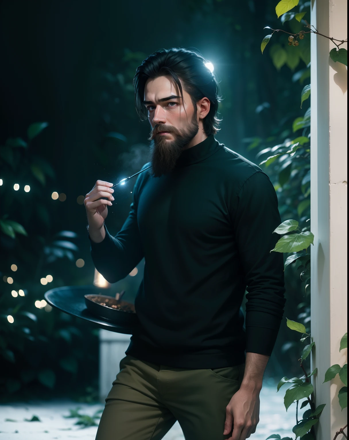 masterpiece, walking through jungle at night among fireflies, (high detail:1 1), rough face, natural skin, high quality, nsfw, , (detailed face and eyes), (face: 1 2), noise, extra, real photo, PSD, lamp film photography, sharp focus, contrast lighting, detailed skin, high resolution 8k, crazy detail, realistic, professional photography, 8k UHD, , soft lighting, high quality, film grain, Fujifilm XT3 face original beard boy
