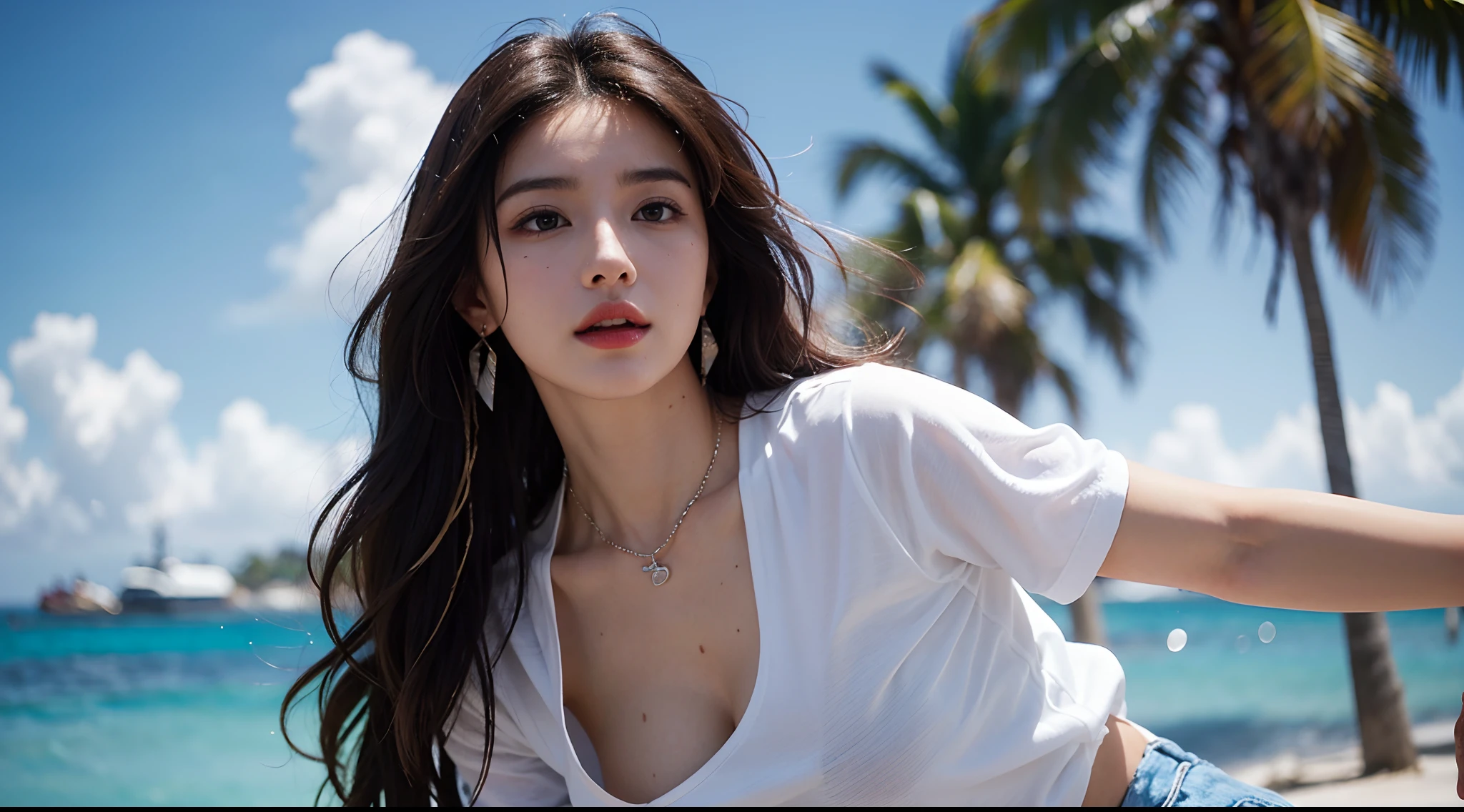 8yk, Raw foto, (sunny weather), ((There is only one woman in the center of the screen, leaning forward at a 90 degree angle.)), (The woman's body shows her side view, not the front view), (Looks directly at the woman’s face), (The woman has an orgasm), (white t-shirt is wet),(Huge breasts, very H size, hanging down on her chest as if), (A very large chest is drooping) (There is only one woman in the picture) (The t-shirt is wet), (Masterpiece), (Best Quality), (1 Girl), ((Only one woman stands in the center of the screen)), extremely giant breasts, Wet T-shirt, (realisitic, Photorealistic: 1.2), ultra-detailed physically based rendering, necklaces, Earrings, air bang, Hair ornaments, sunset, 鎖骨, wristband, navels, Long hair, Brown hair, ahoge, girl alone, very big bust, bulky, pectorals, Seafront, (seaside), (waves), (palm tree), Wavy hair, ((Highest Quality, 16 k, Masterpieces: Beautiful Women with Perfect Figure: 1.3)), Perfect Figure: 1.4, Big, Big breasts, 28 years old, Slim Abs: 1.2, (Long wavy hair)), ((tiny: 1.4)), (((kpop-idol: 1.3)), (Shower Water)), (White T-shirt 1.5), (Ripped shorts 1.5), Highly detailed face and skin texture, (posando)), (captivating)), (( Drenched body))
