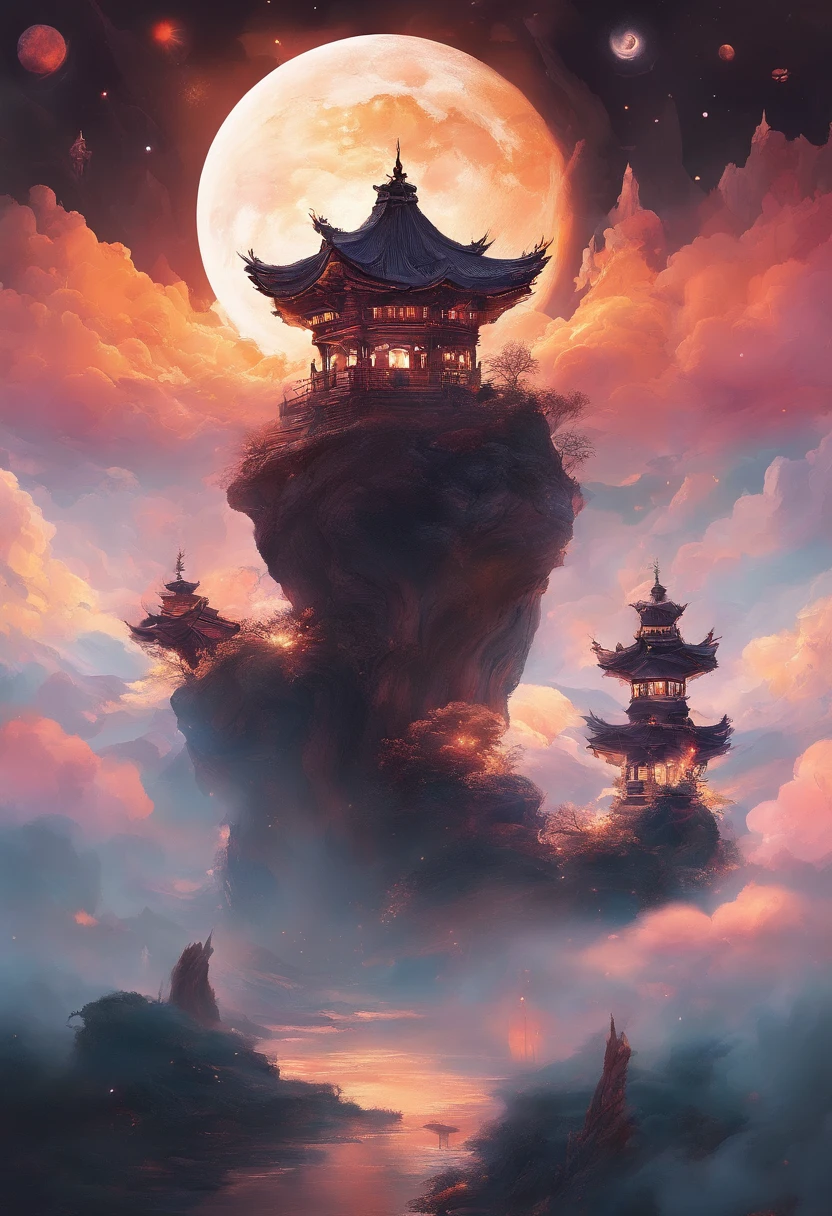 (Tang Feng),(A cliff illuminated by a huge moon),Ultra-long-range viewing angle,No Man,clouds