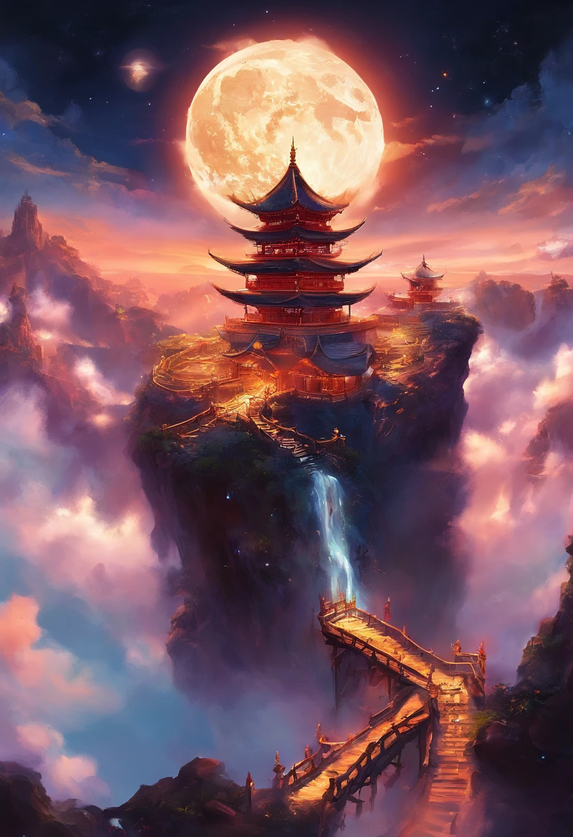 （Tang Feng），（A cliff illuminated by a huge moon），Ultra-long-range viewing angle，No Man，​​clouds