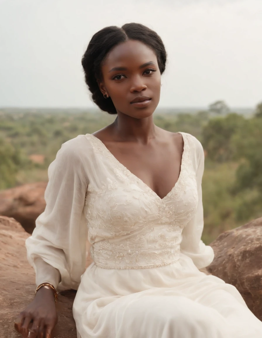 girl wearing a simple long white dress sitting on rock, eye-catching jewelry, dark gold and light beige,art of the ivory coast，medium full shot