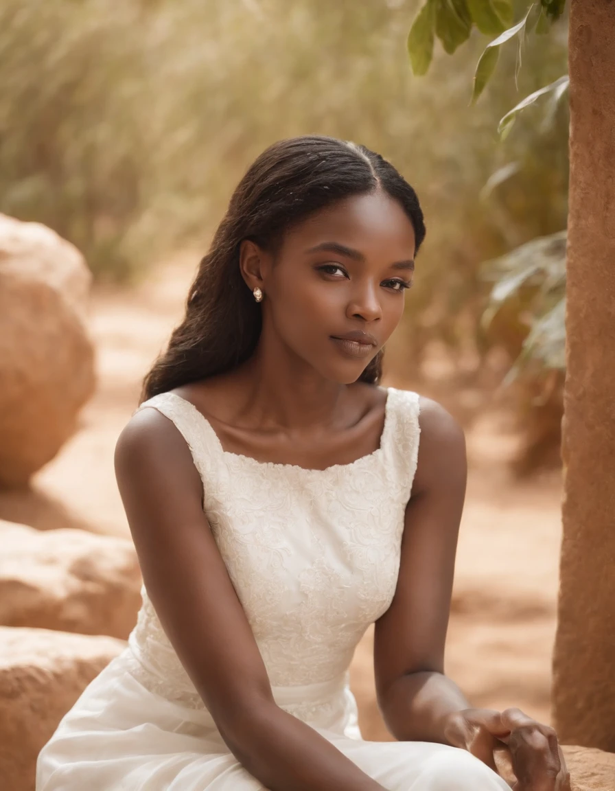 girl wearing a simple long white dress sitting on rock, in the style of african influence, eye-catching resin jewelry, dark gold and light beige, pastoral settings, raw authenticity, olympus om-1, art of the ivory coast ,((upper body))