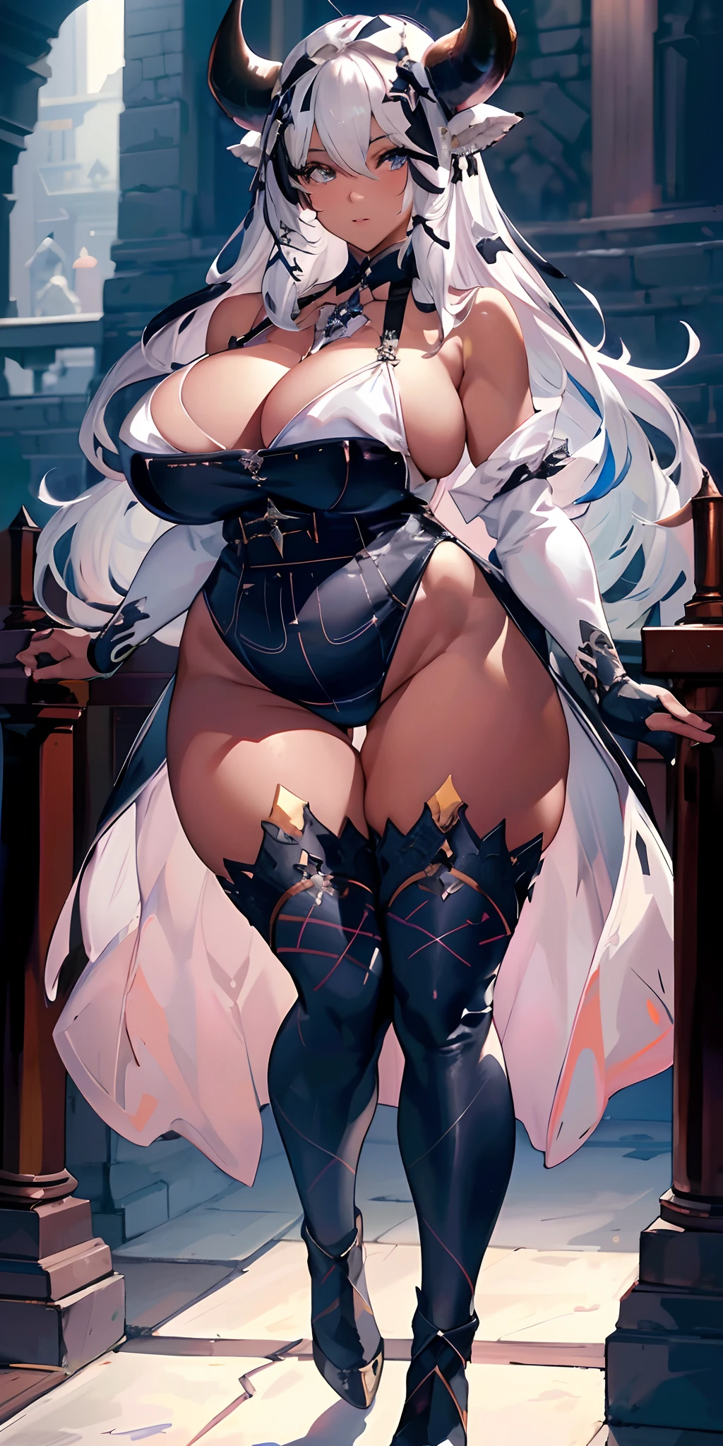 a woman in a black and white outfit with horns on her head, extremely detailed artgerm, cushart krenz key art feminine, thicc, rossdraws 2. 5, azur lane style, wlop and rossdraws, rossdraws sakimimichan, trending on artstation pixiv, rossdraws 1. 0, thick smooth warframe thighs