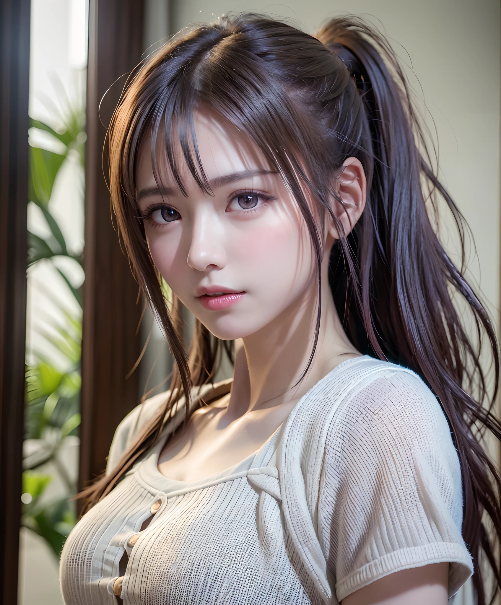 top-quality、8K Masterpiece、超A high resolution、(Photorealsitic:1.3)、Raw photo、女の子1人、silver white hair、poneyTail、glowy skin、1 super beautiful college girl、((super realistic details))、portlate、globalillumination、Shadow、octan render、8K、ultrasharp、highly intricate detail、Realistic light、CGSoation Trends、Beautiful eyes、radiant eyes、Facing the camera、