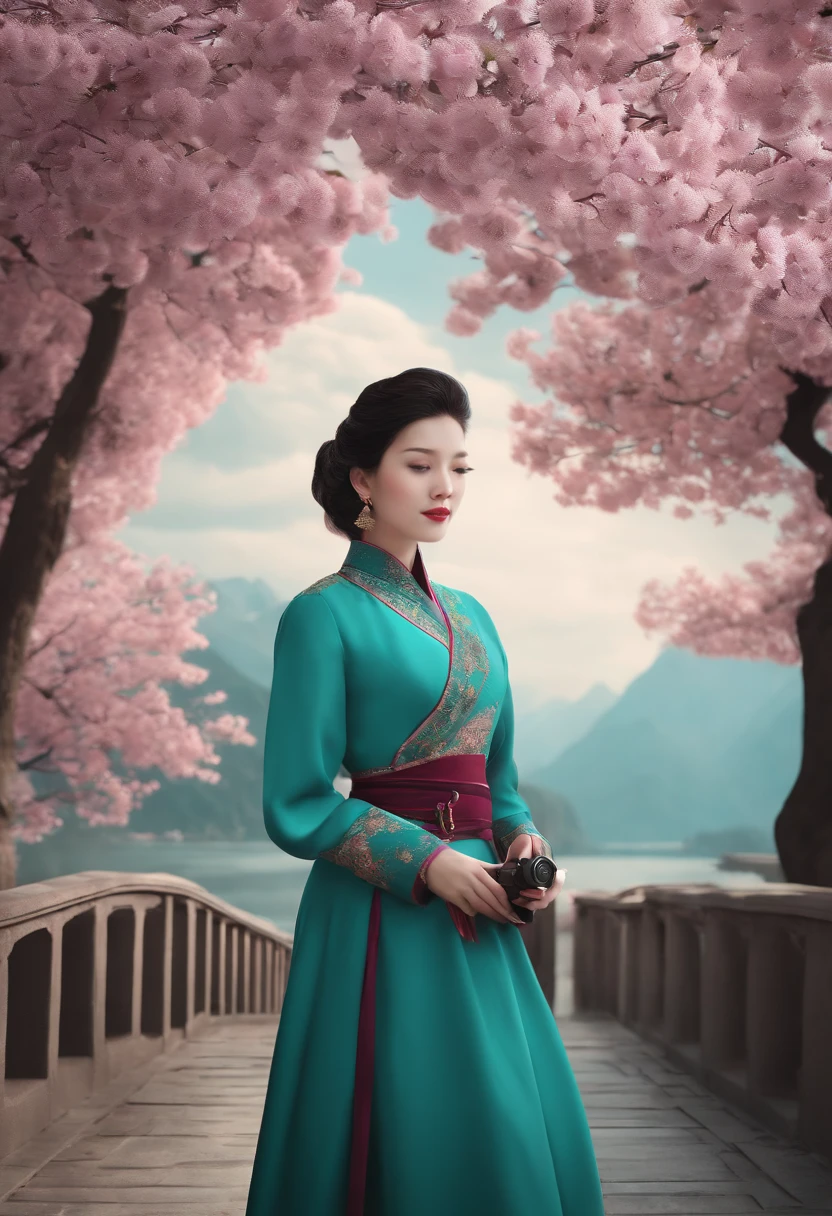 Libido boy,Use VR、AR、cameras、camera、Painting related elements、UAVs、Mapping tools and other items to take pictures and create accurate 3D stereoscopic scenery。Light teal and dark pink style, traditional animation, travel, Layered Images, traditional, Vintage images, Cherry blossoms