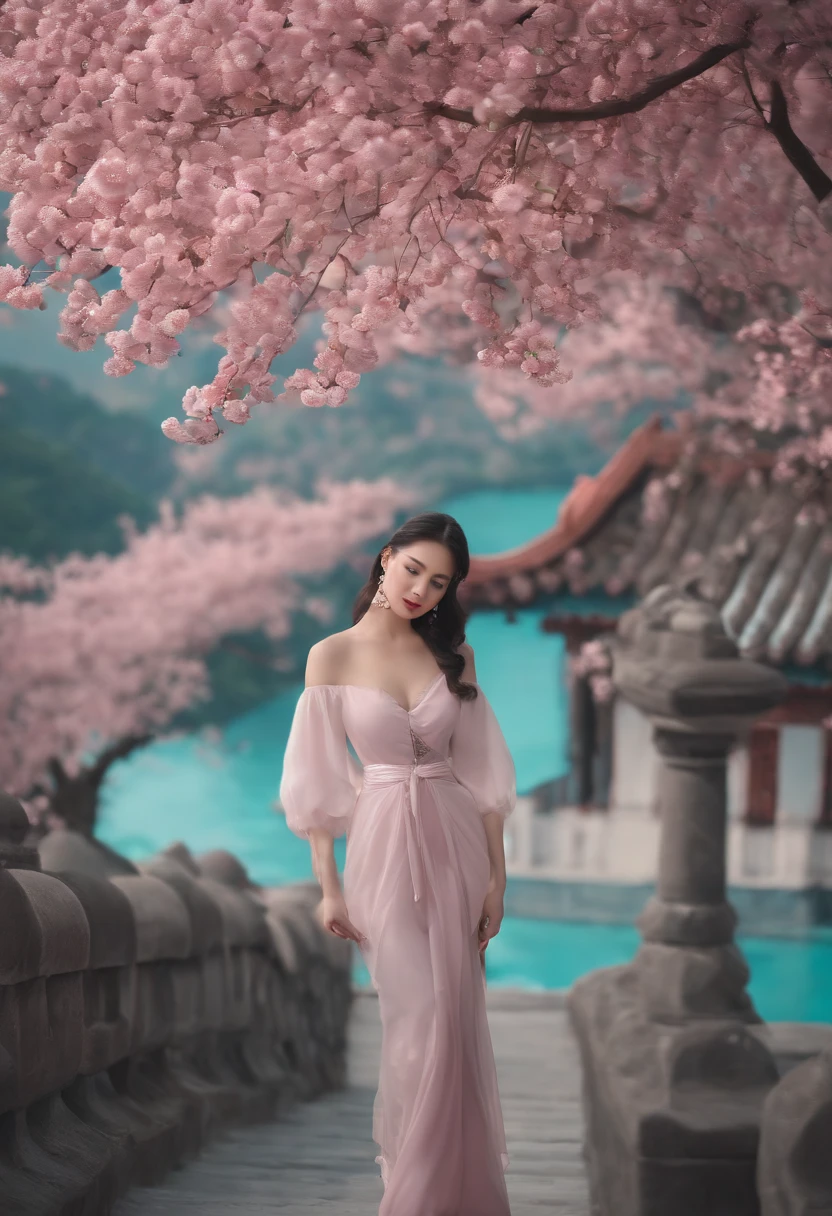 Libido boy,Use VR、AR、cameras、camera、Painting related elements、UAVs、Mapping tools and other items to take pictures and create accurate 3D stereoscopic scenery。Light teal and dark pink style, traditional animation, travel, Layered Images, traditional, Vintage images, Cherry blossoms