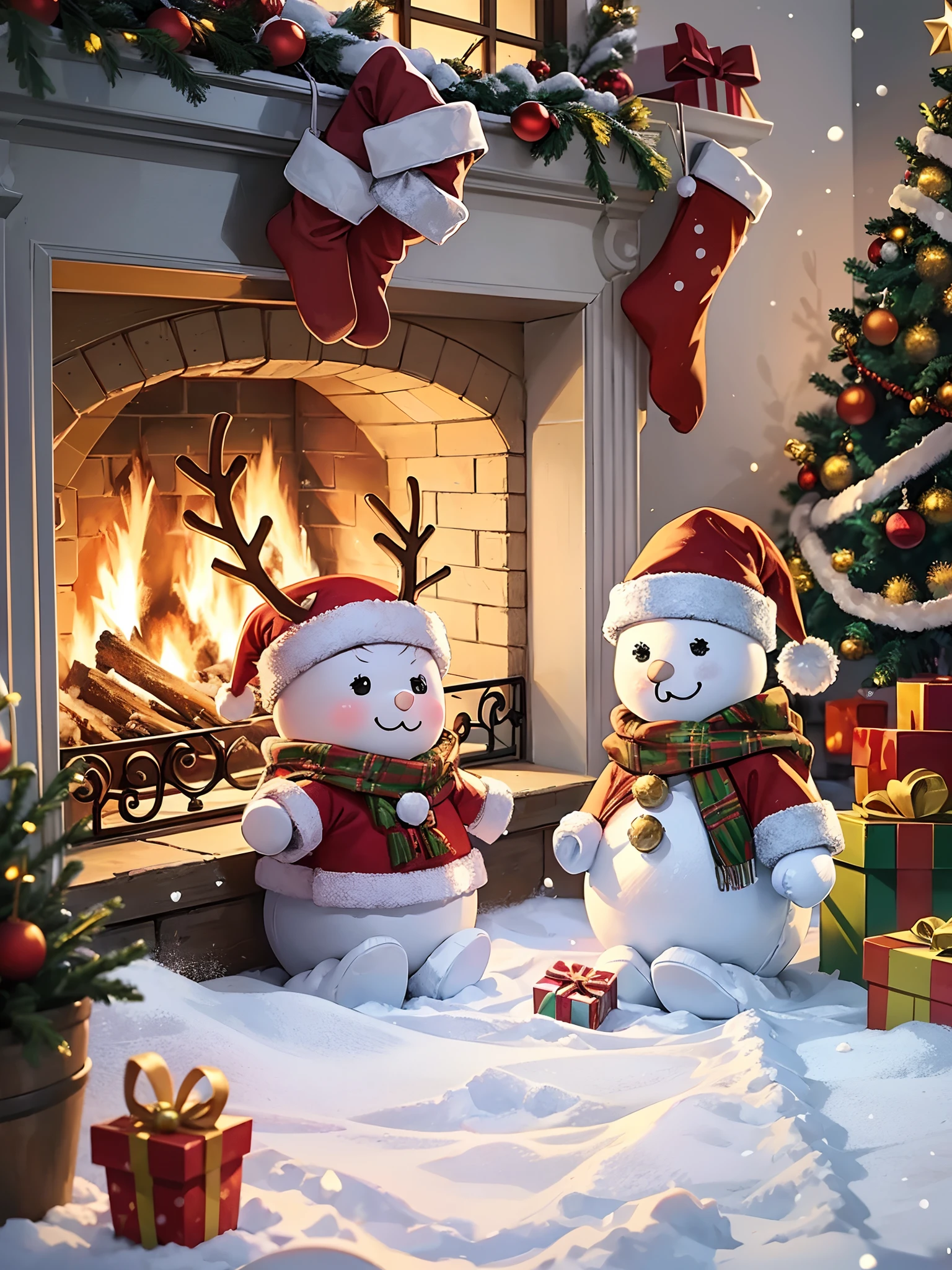 (Masterpiece, high resolution, cartoon style: 1.4), (Merry Christmas: 1.2), cheerful atmosphere, footprints on the snow, cute children playing, snowball fights, snowmen, carnival-like atmosphere, ice and snow scenery, white snowflakes adorn the whole sky, exquisite Christmas trees, colorful decorations and sparkling lights, red, green and gold gift boxes, Christmas socks hanging on the fireplace, candy canes, warm family gatherings, traditional Santa Claus and his reindeer, happy smiles, winter magic, extreme close-ups, warm and harmonious cartoon style, present a perfect Christmas. --auto --s2