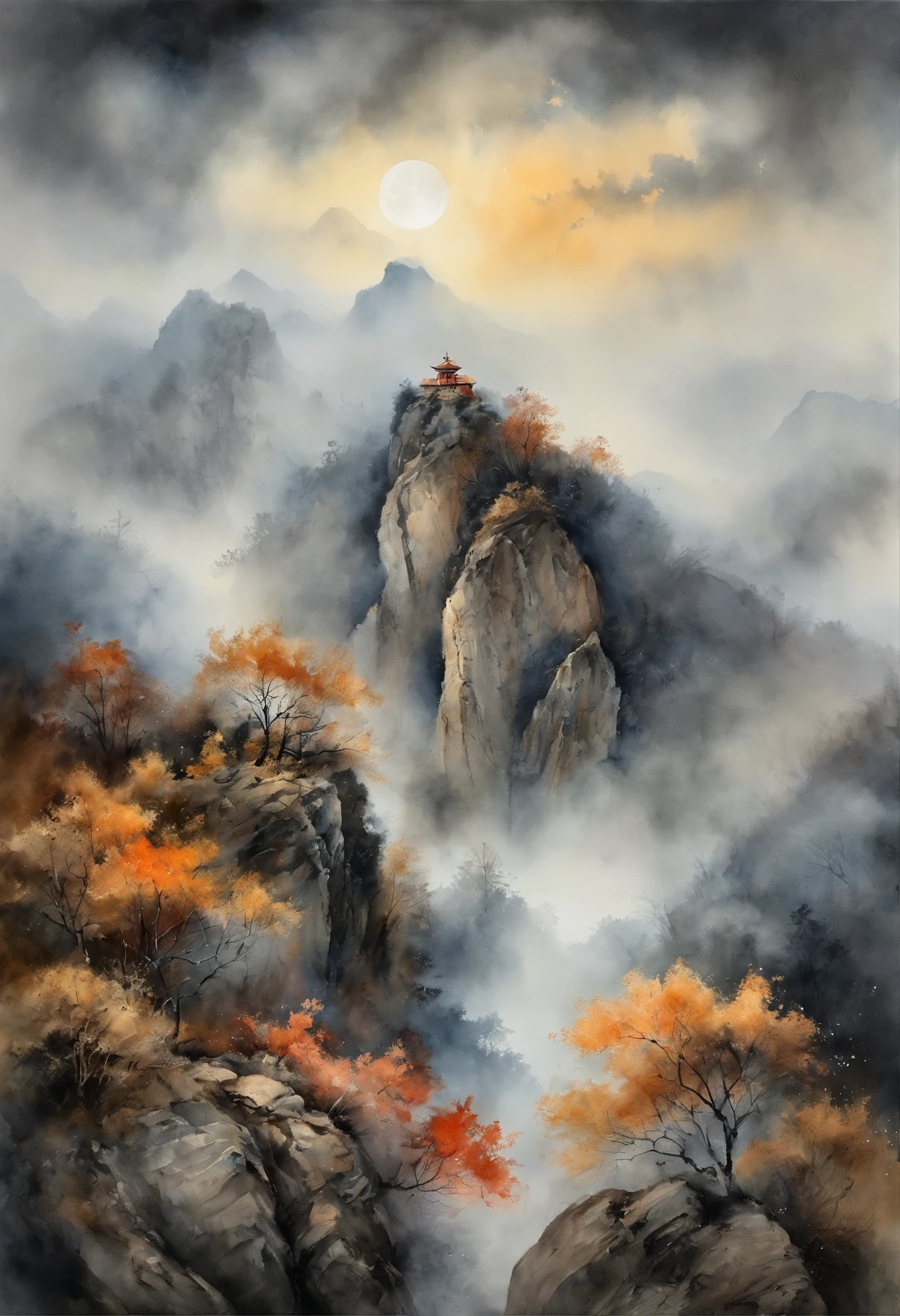 （Tang Feng），（A cliff illuminated by a huge moon），Ultra-long-range viewing angle，No Man，​​clouds