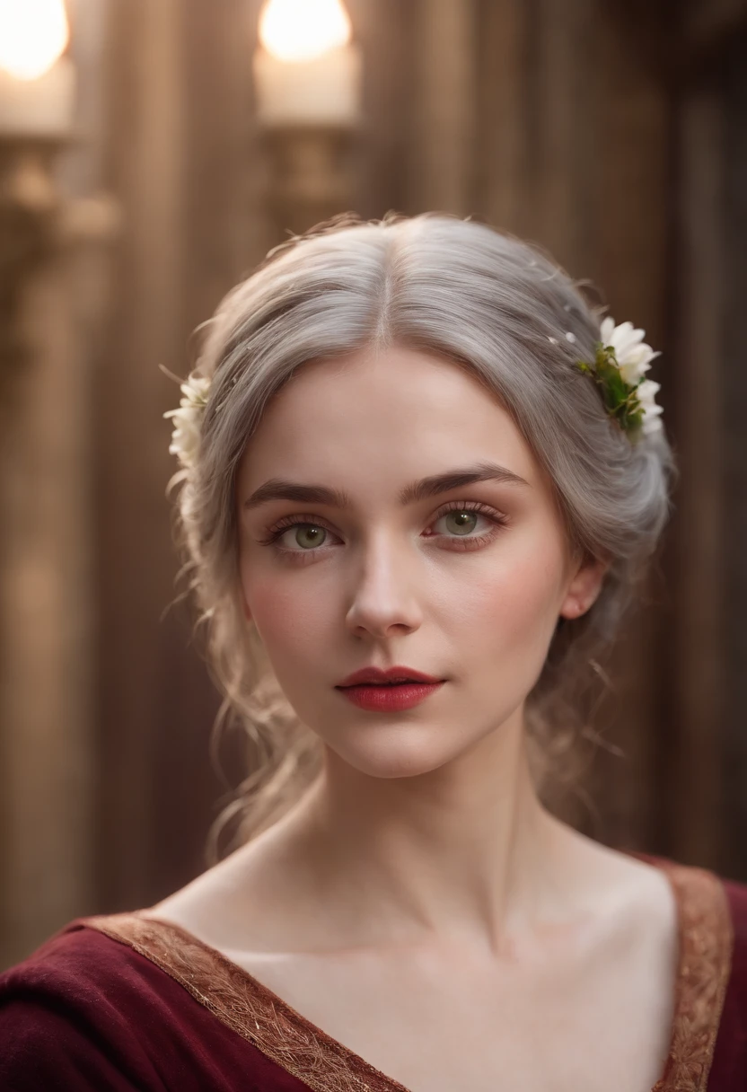 (((A deep red wound streaked across her left cheek))) Fair complexion, A woman around 19 years old, Natural gray hair, Unique green eyes, Wear Cole, Slender and graceful, Beautiful, Candlelight in a medieval setting, super sharp focus, realistic lens, Medieval women's clothing, Four colors (Scar:1.4)