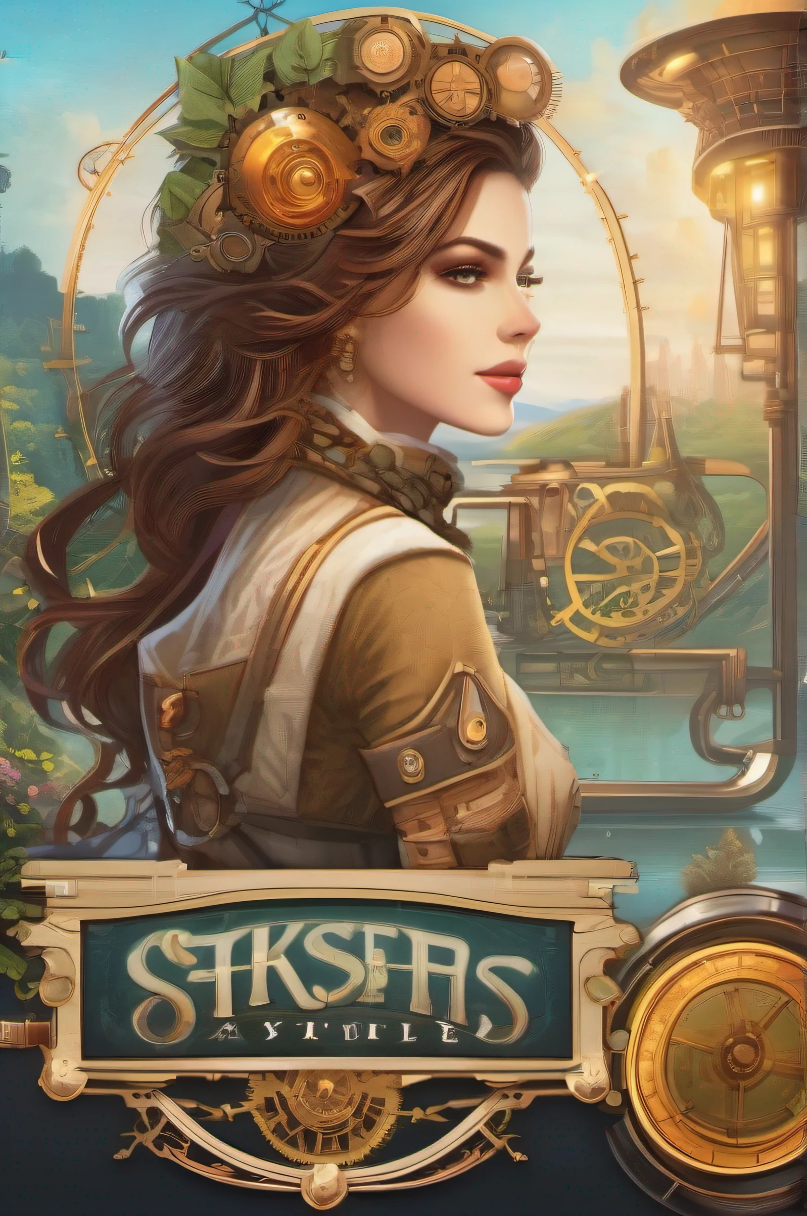 Design a logo that combines Romantic-era visuals with solarpunk and steampunk elements. Incorporate vintage gears, solar panels, and lush natural elements around the title to symbolize a harmonious blend of past and future.