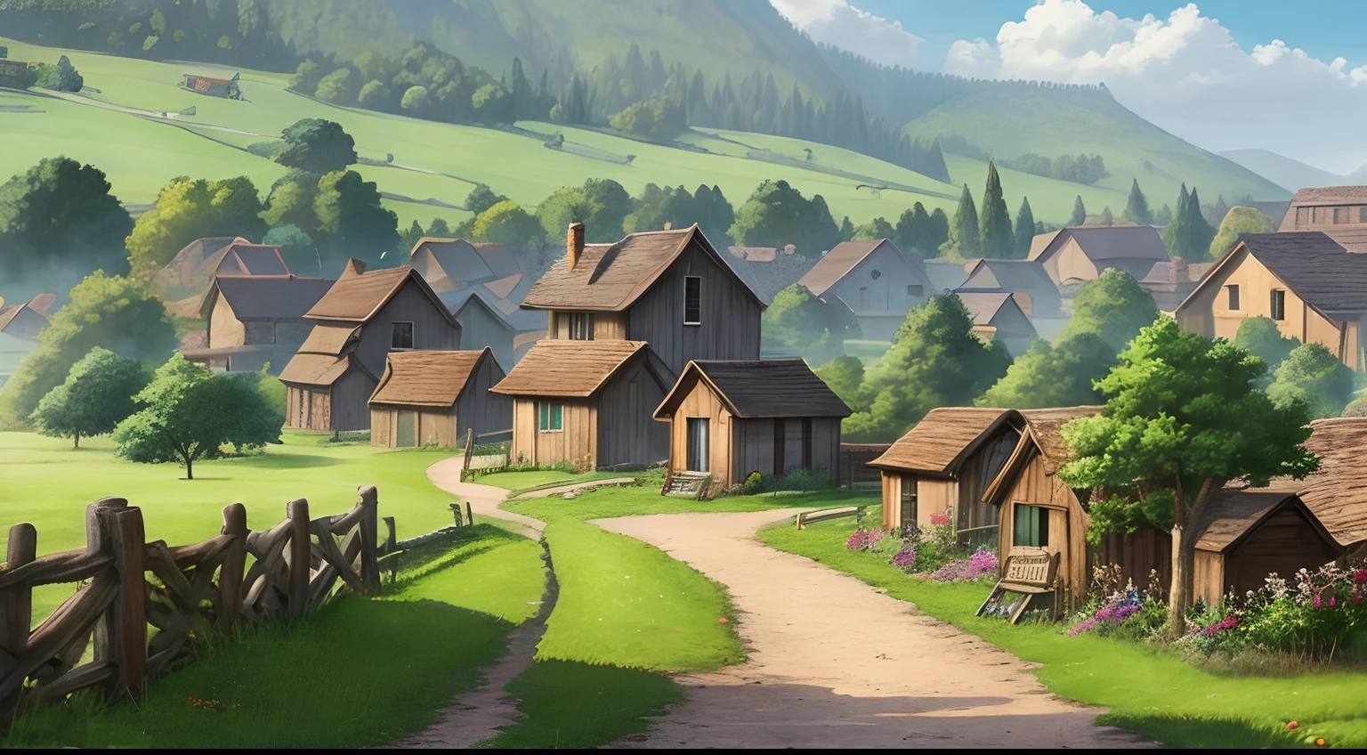 detailed realistic anime illustration of a cozy rustic village in a grand meadow --auto --s2