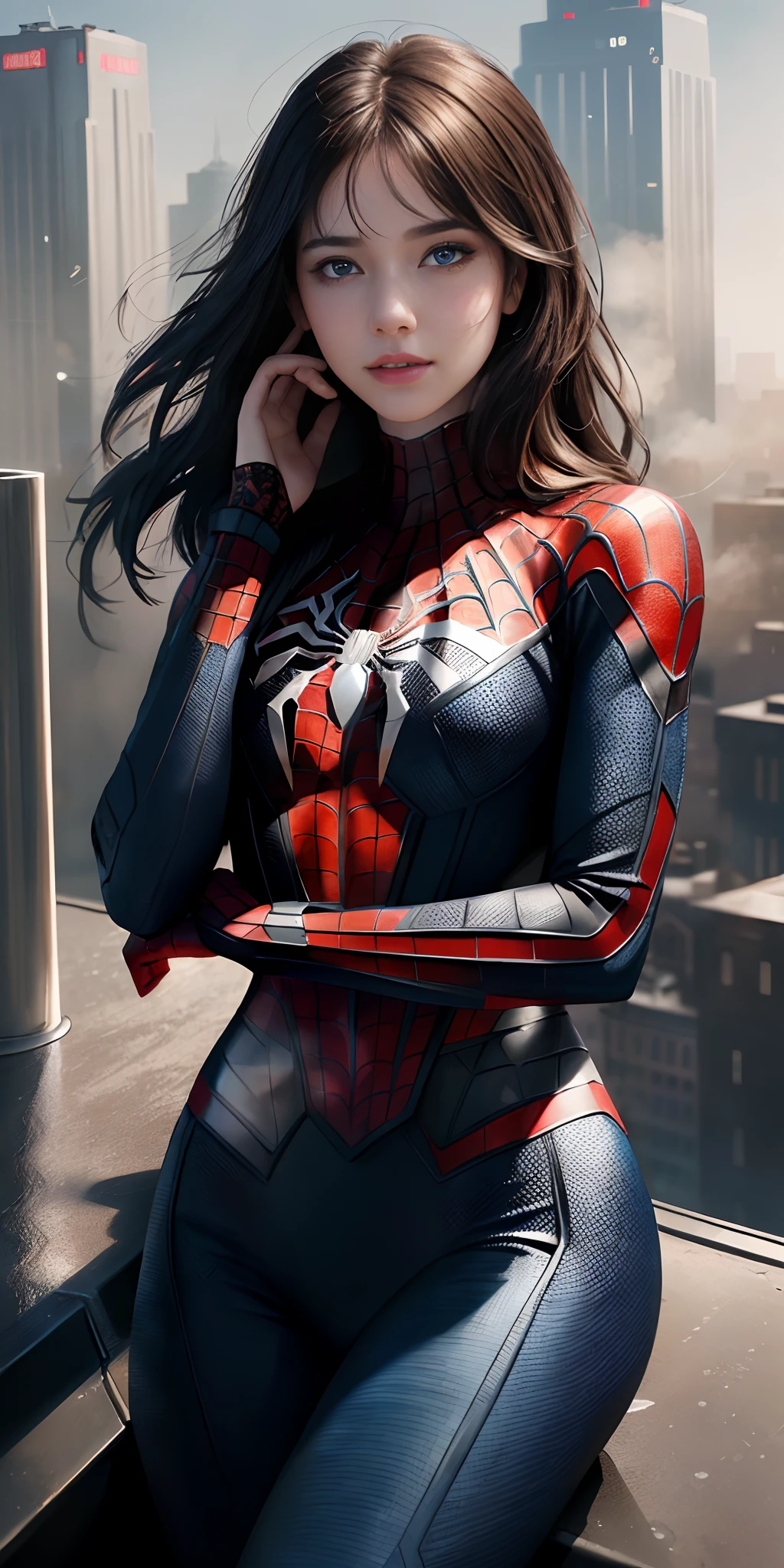 (masterpiece, best quality), intricate details,
1girl, <lora:armored_spiderverse_v1:0.8> armspiderverse, bodysuit, helmet, spider web print, armor, spider-man,
making a heart with hands, smiling, night, city street, pavement, raining, puddles,