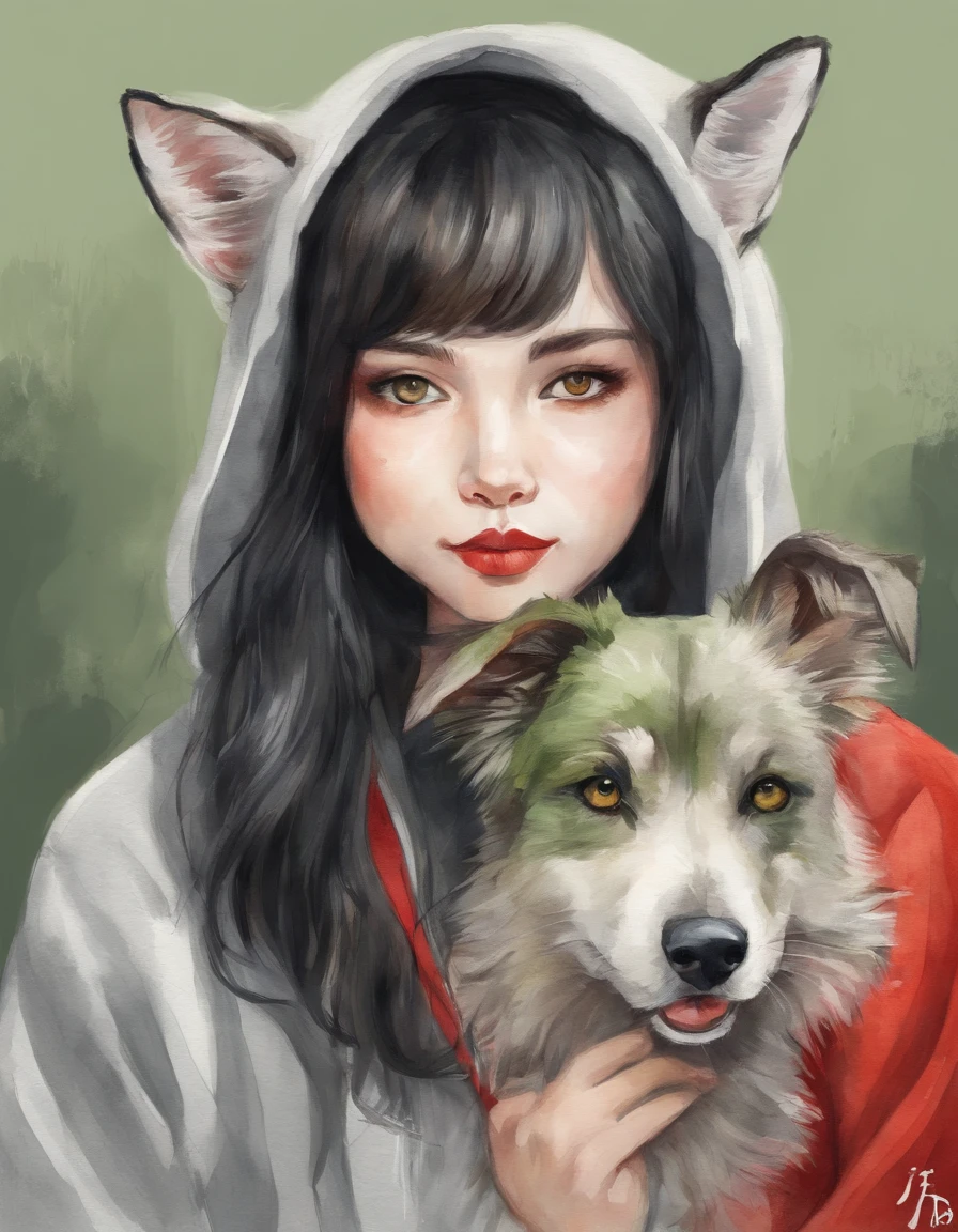 1girl, black medium hair, heterochromia, red eye, green eye, inumimi, dogs ears, gray sweatshirt, :3, little fangs