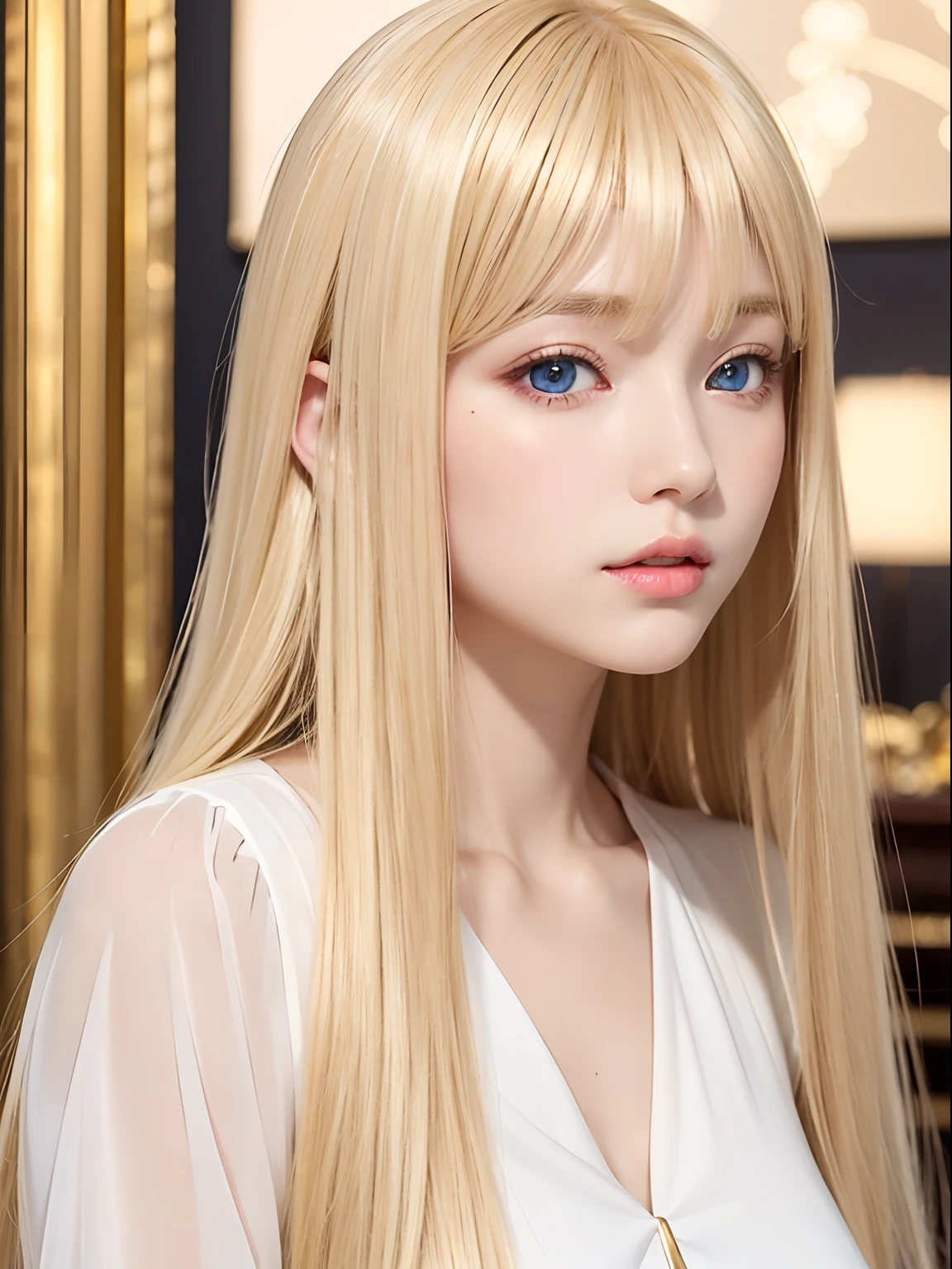 A close up of a woman with long blonde hair and blue eyes - SeaArt AI