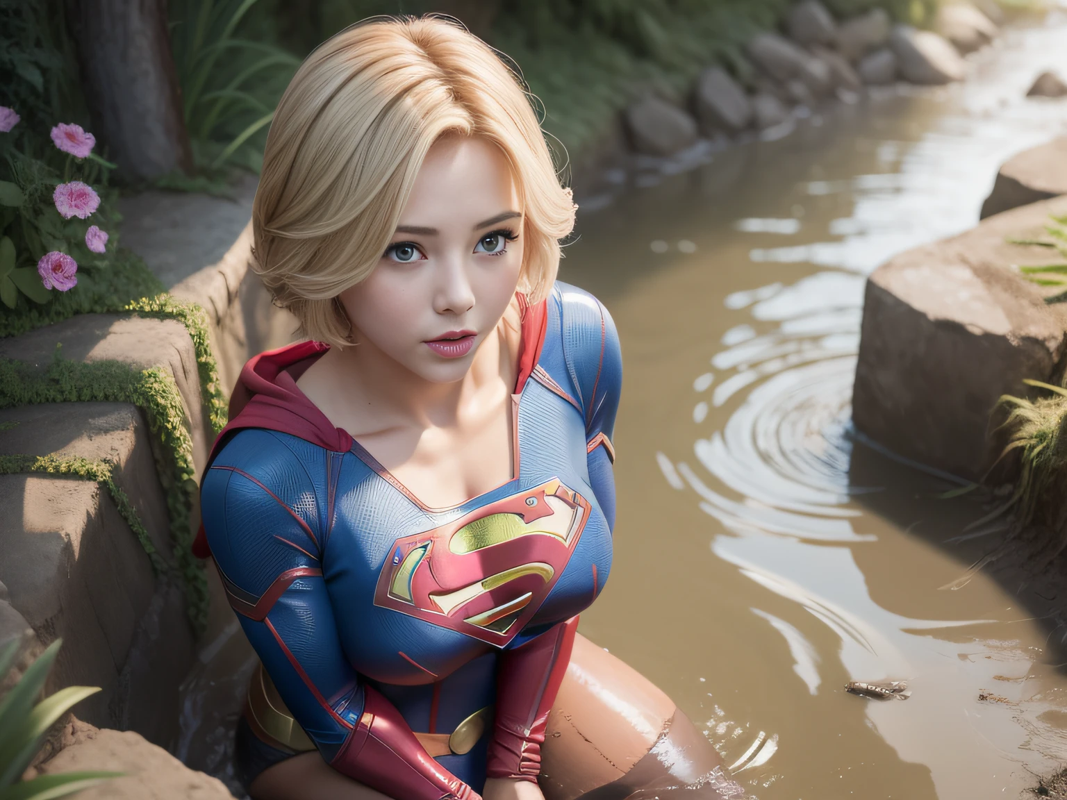 masterpiece、Short-haired Supergirl costume soaking in a bubble bath、large full breasts、Looking at the camera、Glossy costume、smeared with toxic foam、