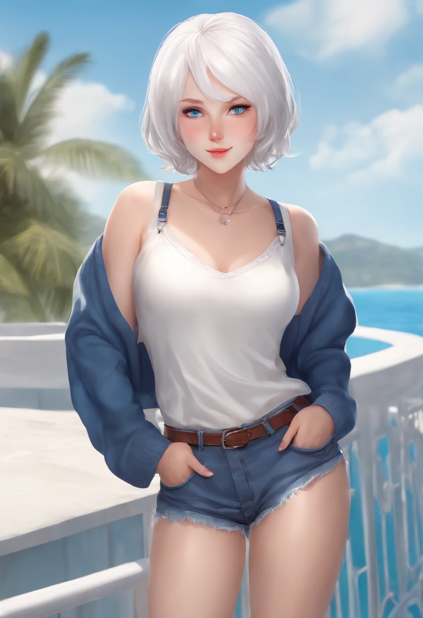 One beautiful young woman、Blue eyes、drooing eyes、The bikini、Background Gal、white  hair、short-hair、Large breasts、arms in arms、Sit up、opening legs、a smile、