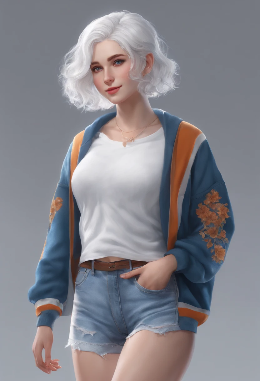 1girl, tall, short white hair, blue eyes, virgin killer sweater, standing pose, denim shorts, small chest, smiling, white background, high res, ultrasharp, 8K, masterpiece, looking at viewer