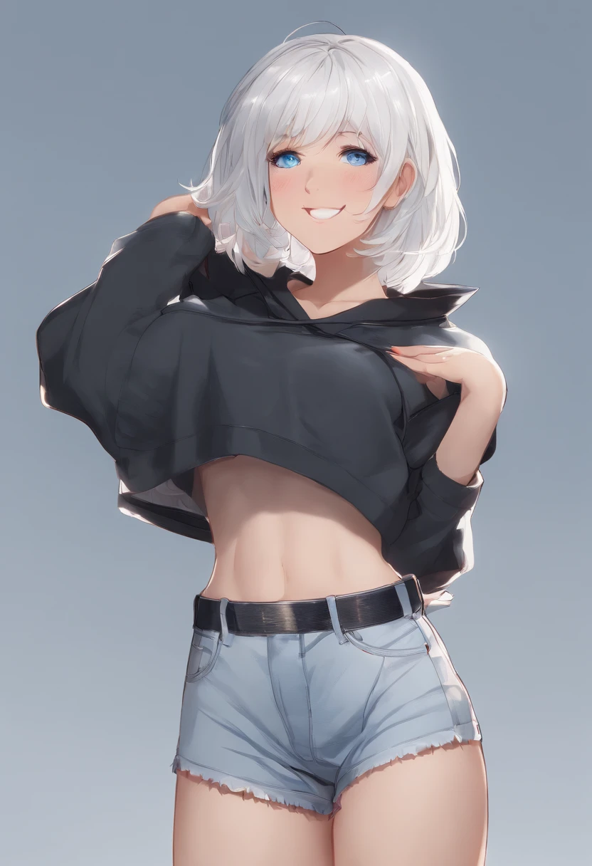 1girl, tall, short white hair, blue eyes, virgin killer sweater, standing pose, denim shorts, small chest, smiling, white background, high res, ultrasharp, 8K, masterpiece, looking at viewer