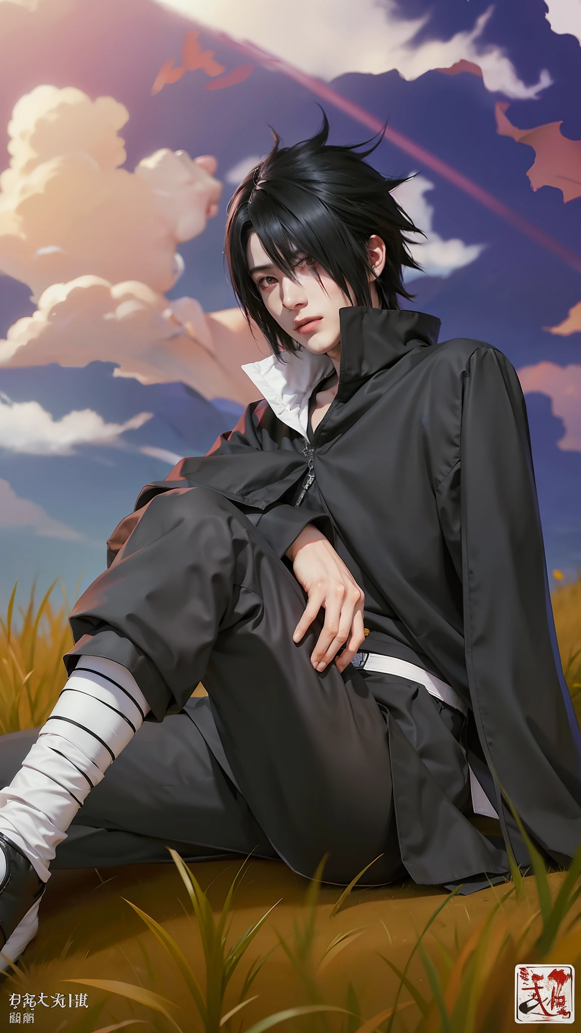 1man, uchiha sasuke in anime naruto, short hair , black hair, red eyes, handsome, black clothes, realistic clothes, detail clothes, outdoor background, ultra detail, realistic
