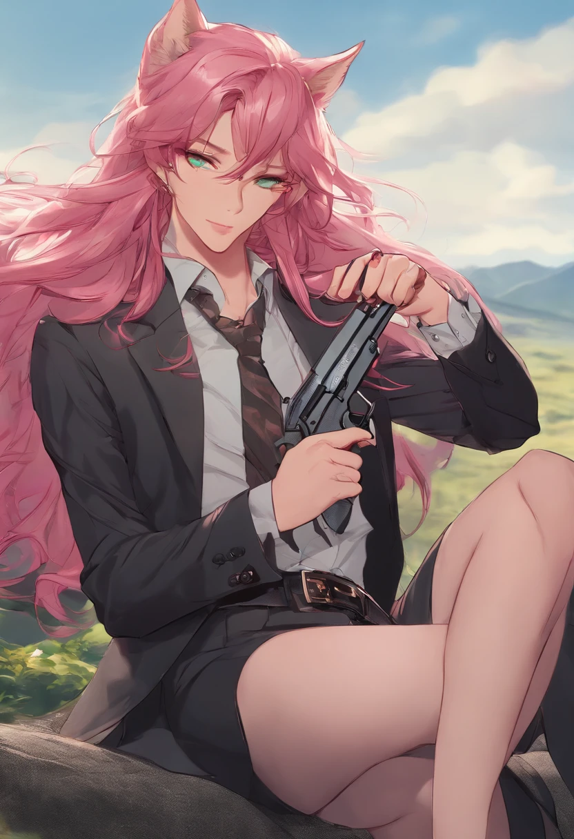 male people、Beautiful skin、long eyelashes、Green eyes、Staring at me、Pink hair、beautiful long-haired、bewitching、The shirt、Beautiful suit、long limbs、Wolfcut、Holding a handgun、Bangs flowing to the left、ember