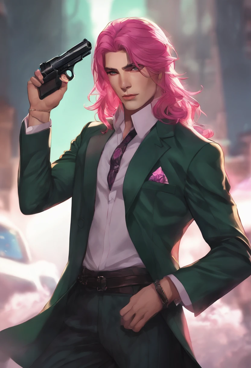male people、Beautiful skin、long eyelashes、Green eyes、Staring at me、Pink hair、beautiful long-haired、bewitching、The shirt、Beautiful suit、long limbs、Wolfcut、Holding a handgun、Bangs flowing to the left、ember