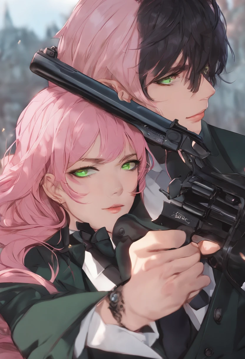 male people、Beautiful skin、long eyelashes、Green eyes、Staring at me、Pink hair、beautiful long-haired、bewitching、The shirt、Beautiful suit、long limbs、Wolfcut、Holding a handgun、Bangs flowing to the left、ember