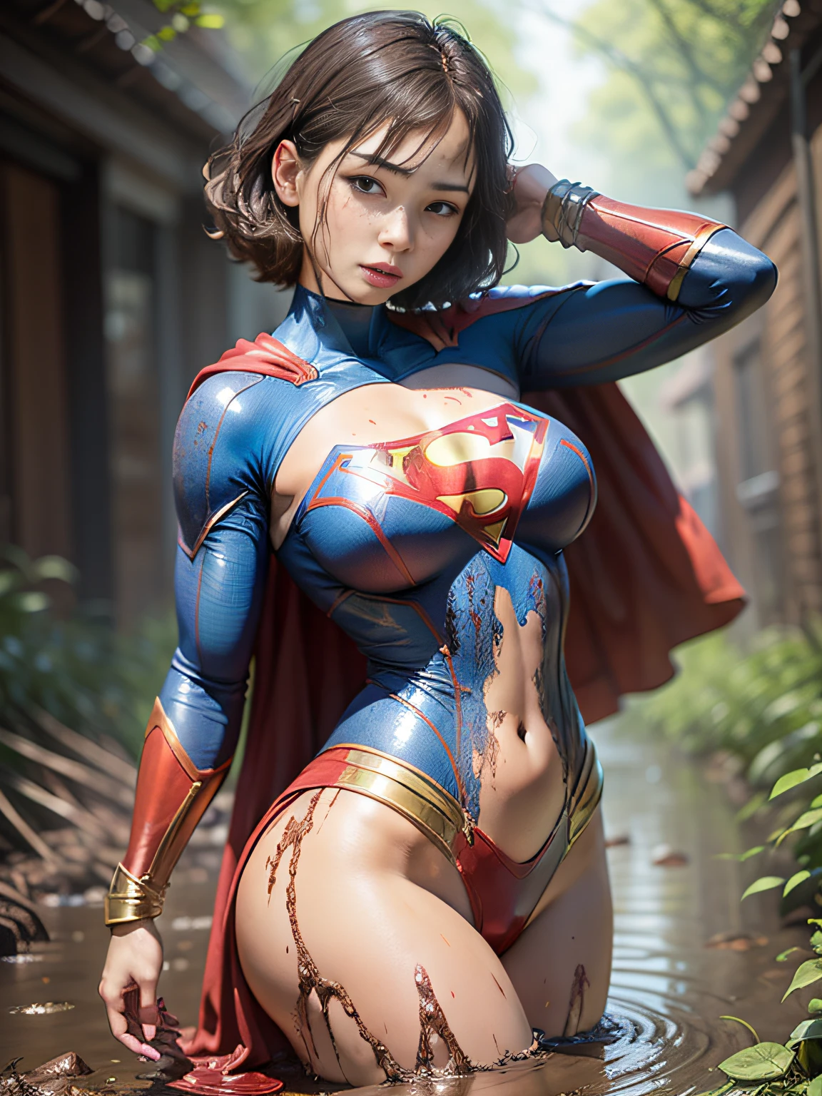 masterpiece、Short-haired Supergirl fell into a quagmire、large full breasts、Looking at the camera、Glossy costume、Crotch、Mud stains、Covered in mud