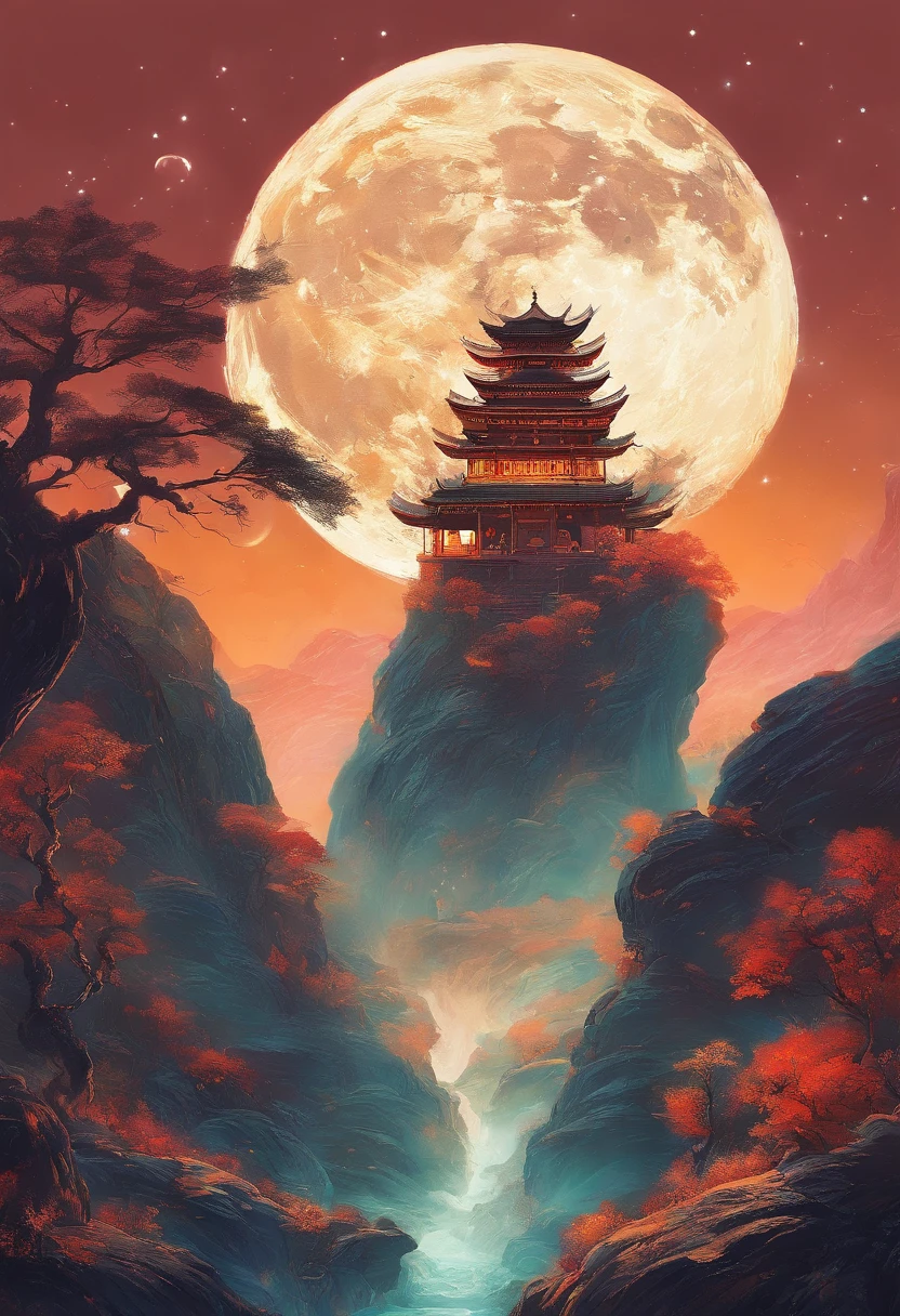 （Tang Feng），（A cliff illuminated by a huge moon），Ultra-long-range viewing angle，No Man，scenecy，the detail