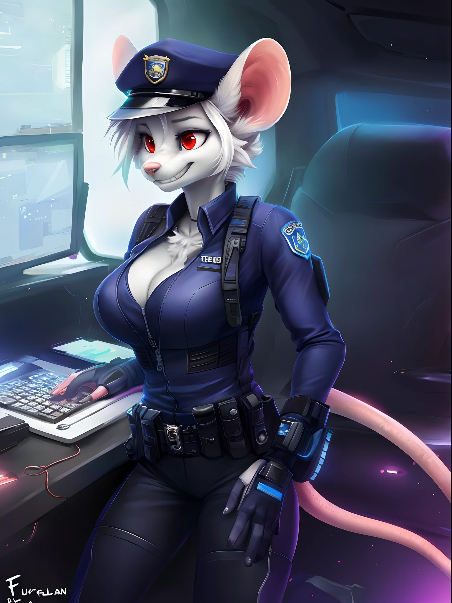 a beautiful and detailed (cute portrait) of ((Officer Flint)), skinny, adorable, red eyes, medium breasts, spacesuit, typing on holographic computer, cleavage, grin, looking up,, anthro, rat, furry, holographic screen, sci-fi, uploaded E621, detailed fluffy fur, (by fluff-kevlar, Bayard Wu, personalami, Pino Daeni), detailed face, (fluffy), 1girl, solo, no watermark