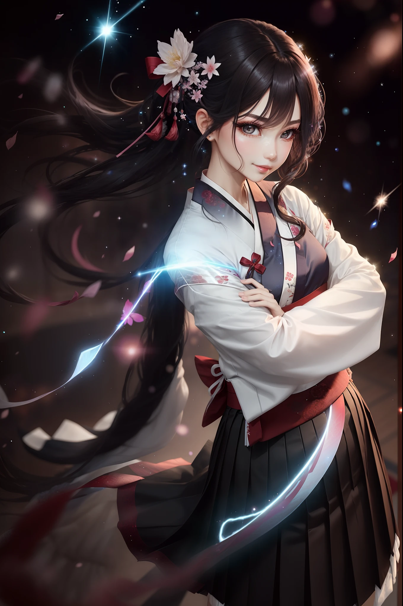 Need,tmasterpiece,The upper part of the body,(AS-Adult:1.6)woman,(pervert smirk:0.4),Fold your arms behind your head,cabelos preto e longos,sparkle eyes,Hanfu skirt,Floating particles of light,at centre,