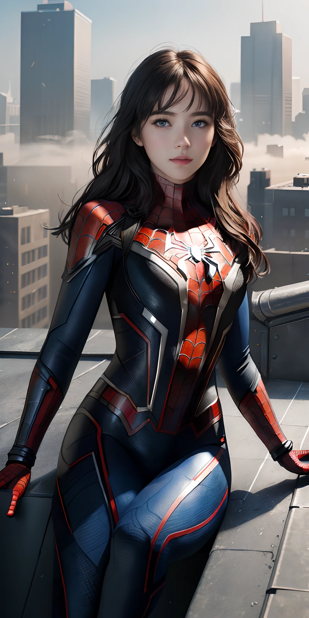 (1girl:1.3), Solo, (((Very detailed face)))), ((Very detailed eyes and face)))), Beautiful detail eyes, Body parts__, Official art, Unified 8k wallpaper, Super detailed, beautiful and beautiful, beautiful, masterpiece, best quality, original, masterpiece, super fine photo, best quality, super high resolution, realistic realism, sunlight, full body portrait, amazing beauty, dynamic pose, delicate face, vibrant eyes, (from the front), She wears Spider-Man suit, red and black color scheme, spider, very detailed city roof background, rooftop, overlooking the city, detailed face, detailed complex busy background, messy, gorgeous, milky white, highly detailed skin, realistic skin details, visible pores, clear focus, volumetric fog, 8k uhd, DSLR, high quality, film grain, fair skin, photo realism, lomography, futuristic dystopian megalopolis, translucent