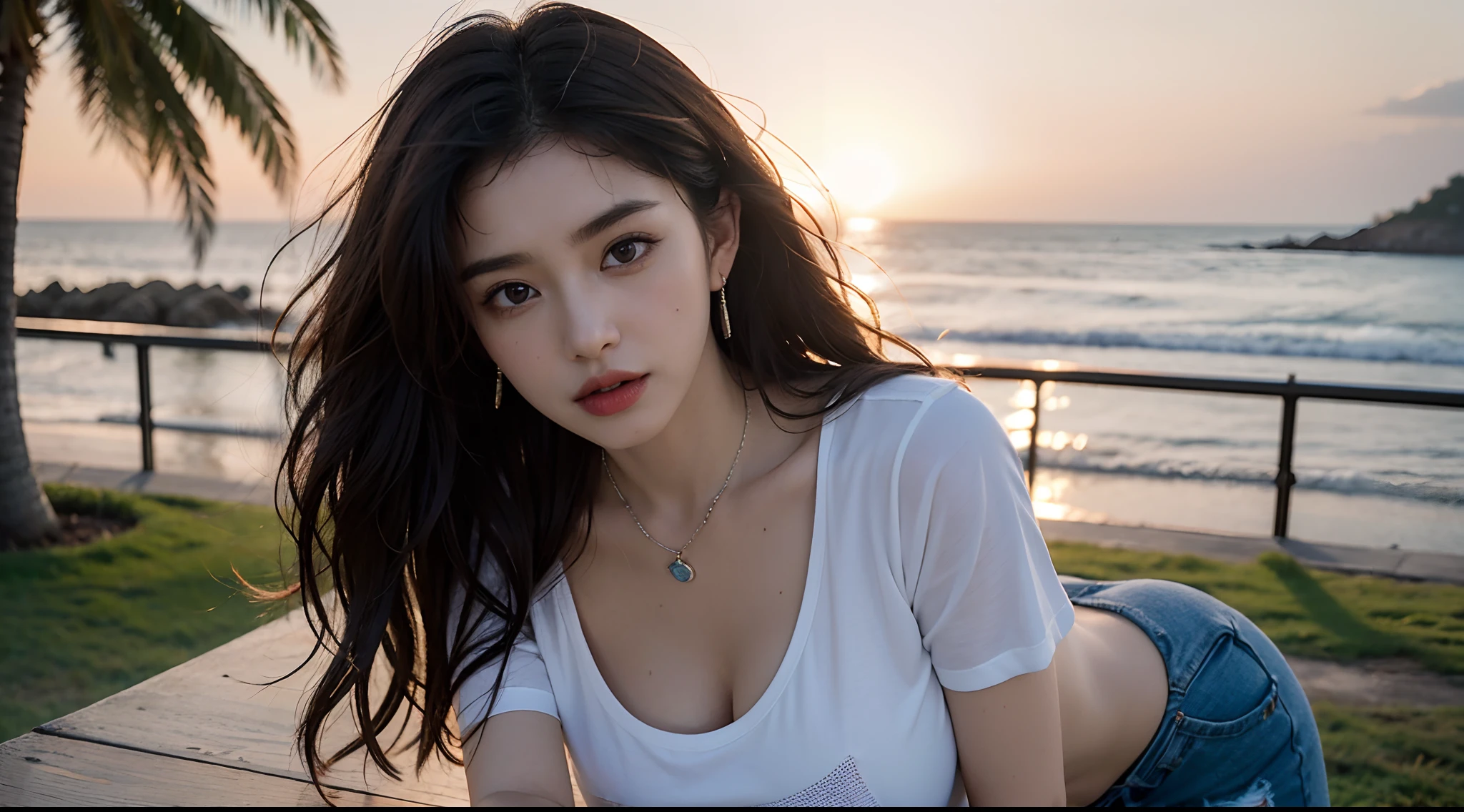 8yk, Raw foto, (sunny weather), (She says her breast size is H), ((There is only one woman in the center of the screen, leaning forward at a 90 degree angle.)), (The woman's body shows her side view, not the front view), (Looks directly at the woman’s face), (white t-shirt is wet),(Huge breasts, very f size, hanging down on her chest as if), (A very large chest is drooping) (There is only one woman in the picture) (The t-shirt is wet), (Masterpiece), (Best Quality), (1 Girl), ((Only one woman stands in the center of the screen)), extremely giant breasts, Wet T-shirt, (realisitic, Photorealistic: 1.2), ultra-detailed physically based rendering, necklaces, Earrings, air bang, Hair ornaments, sunset, 鎖骨, wristband, navels, Long hair, Brown hair, ahoge, girl alone, very big bust, bulky, pectorals, Seafront, (seaside), (waves), (palm tree), Wavy hair, ((Highest Quality, 16 k, Masterpieces: Beautiful Women with Perfect Figure: 1.3)), Perfect Figure: 1.4, Big, Big breasts, 28 years old, Slim Abs: 1.2, (Long wavy hair)), ((tiny: 1.4)), (((kpop-idol: 1.3)), (Shower Water)), (White T-shirt 1.5), (Ripped shorts 1.5), Highly detailed face and skin texture, (posando)), (captivating)), (( Drenched body))