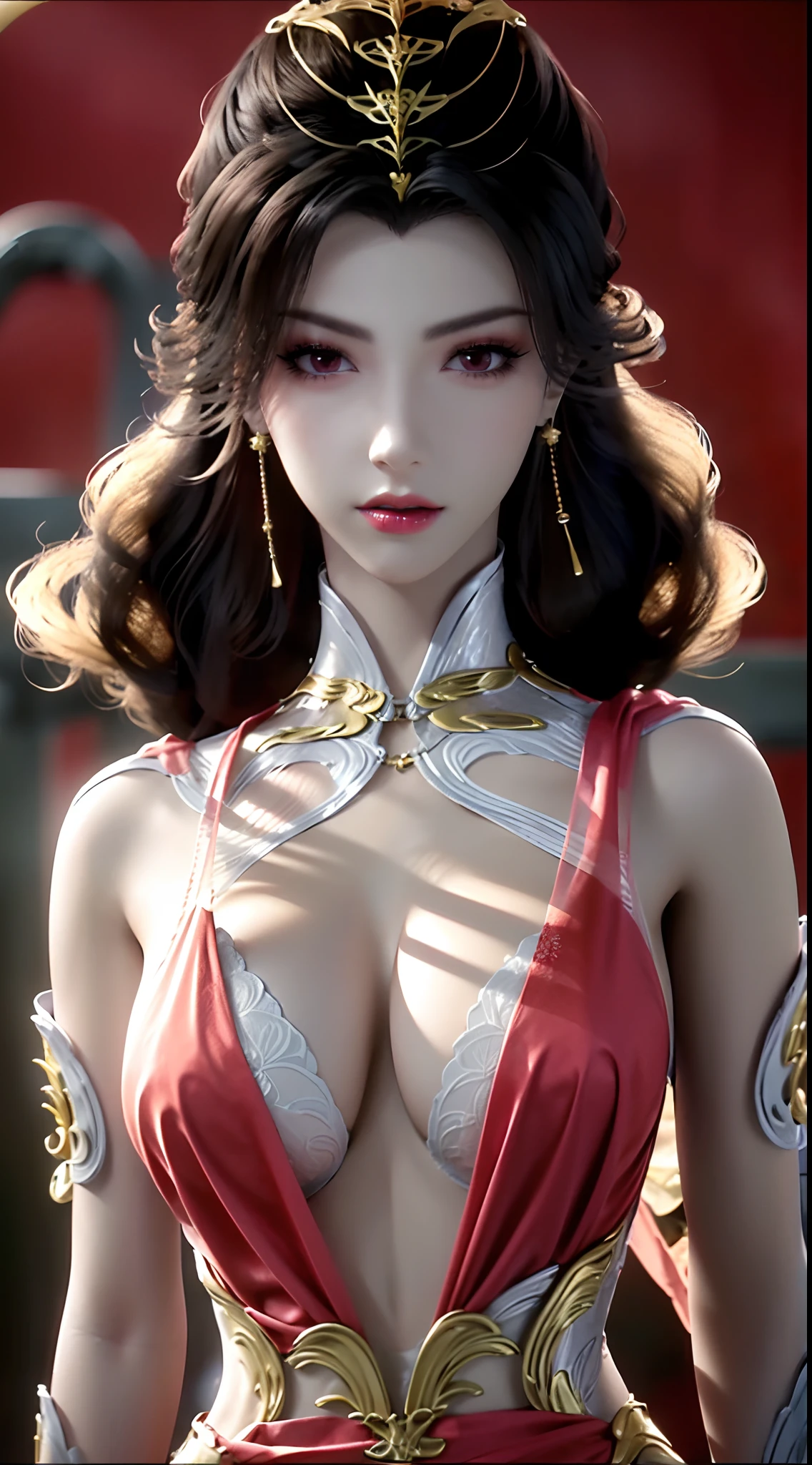 "1 beautiful girl wearing a traditional costume, a long thin pale pink dress made of meticulously made silk, deep slit shirt, historical style costumes, sexy ancient style, jet black curly hair, the most beautiful and detailed hair jewelry, beautiful little face thin eyebrows, the most beautiful and spotless face, ((black iris:0.8)), the very beautiful eyes, big round eyes, ((brown pink color eyes:1.1)), fine and detailed makeup eyelashes, high nose, wearing earrings, small red lips, rosy face, clean face, beautiful face without blemish, smooth white skin, ((big breasts:1.2)), Blums boobs, ((big and super round breasts:1.5)), ((super tight breasts:1.2)), ((breast augmentation:1.5)), beautiful breasts, slim and petite body, ((thin waist: 0.9)), frontal portrait of a beautiful girl, sexy girl, skirt, fishnet stockings color coordinated according to the outfit, pose elegantly, elegantly, and politely, 8k photo, super high quality, super realistic, 10x super pixels, photo realistic, dark studio, border light, two tone light, (detailed skin high: 1.2), 8k uhd, dslr, soft light, high quality, volumetric light, candid, Photo, high resolution, light, best photo, 4k quality, 8k, Bokeh, Smooth and sharp, pixel up 10 times, lightning, super graphics, the most realistic graphics, (((red thunder background:1.4)))1 girl, alone, solo, (((frontal portrait:1))), Extremely sharp, super realistic images, ((outside scene of falling peach blossoms:1.2))), ((angle shot tilted from bottom to 45 degrees)),"