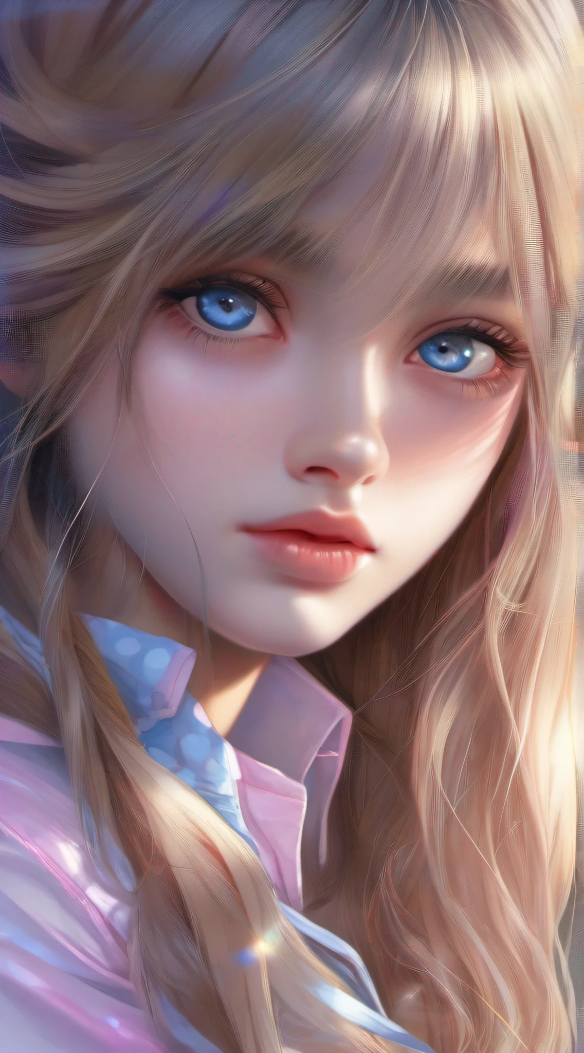 (detailed beautiful eyes and detailed face, masterpiece side light, masterpiece, best quality, detailed, high resolution illustration), (1 girl, beautiful girl, shiny skin, looking down, looking at viewer), ( Sky blue long hair, pink eyes, skirt, ribbon, button-down shirt) 45 degrees, top view,  sideways, (hand detail)