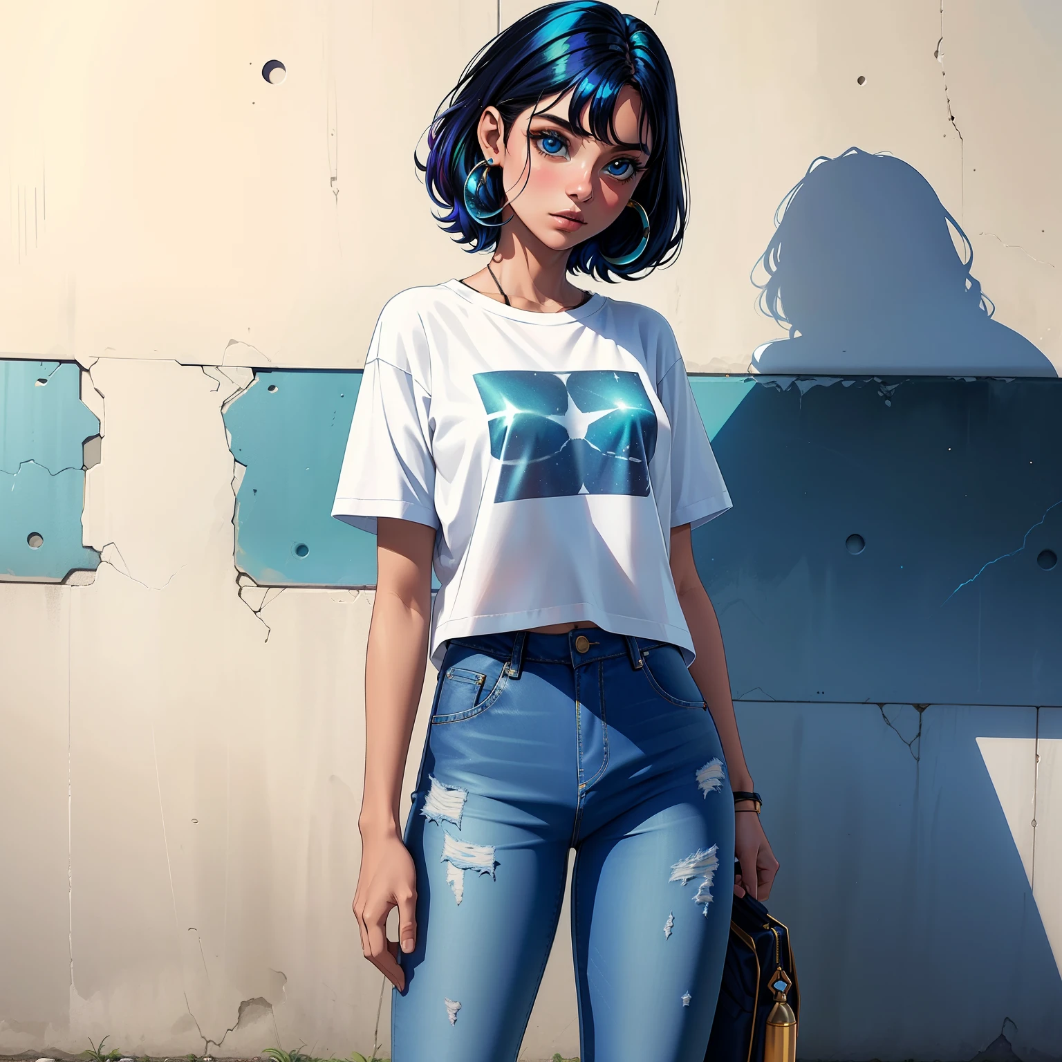 Menina com cabelo iridescente. mochila. jeans and white t-shirt. Olhos curiosos e espanto. Entrou num mundo celestial