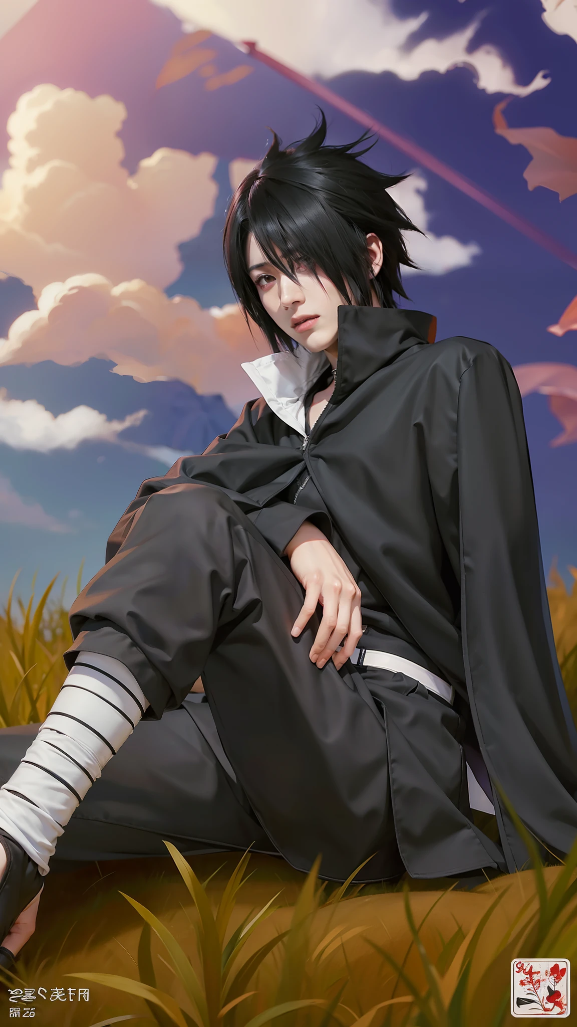 1man, uchiha sasuke in anime naruto, short hair , black hair, red eyes, handsome, black clothes, realistic clothes, detail clothes, outdoor background, ultra detail, realistic