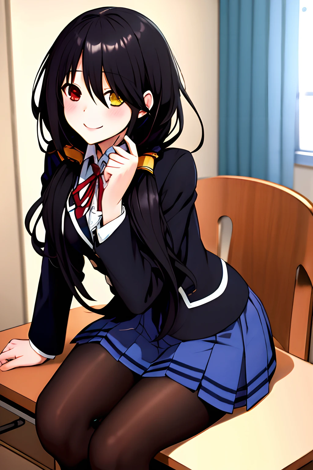 masterpiece, best quality, highres, 1girl, bbkurumi, long hair, heterochromia, low twintails, school uniform, black jacket, pleated skirt, blue skirt, black pantyhose, sitting, chair, smile, class, room, looking at viewer, desk