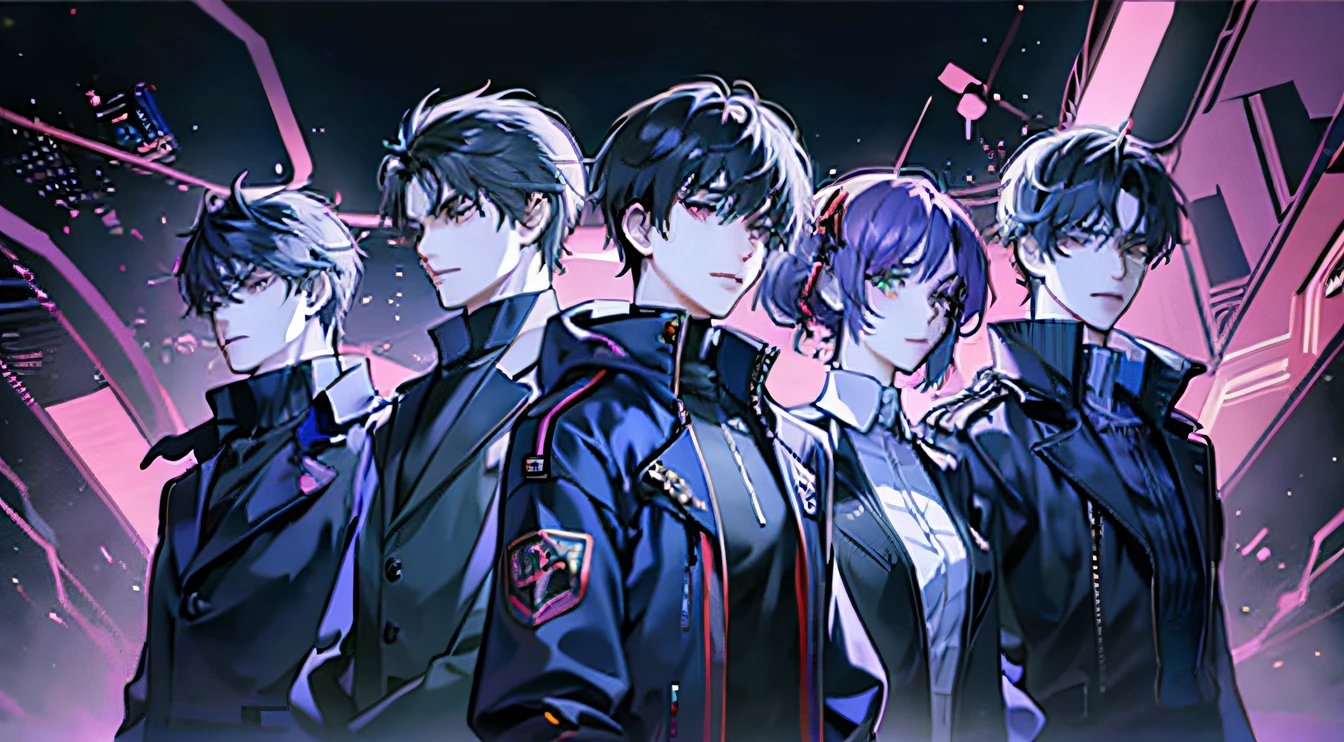 5 males，1 female，cyber punk style