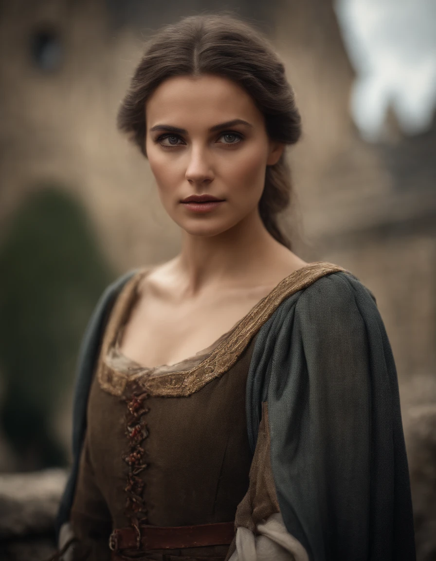 Cinematic portrait, upper body, face, facing the audience, (Reality :1.3), one of the most beautiful artworks in the world, a woman looks into the camera, medieval costumes, (old clothes damaged and weathered :1.4), detailed beautiful face, action shooting, ancient city background, realistic photos, CG, Art Station