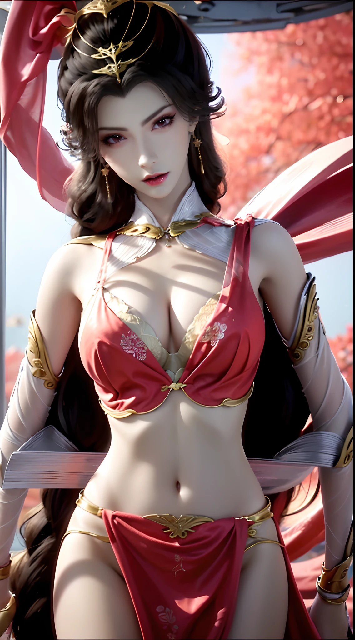 "1 beautiful girl wearing a traditional costume, a long thin pale pink dress made of meticulously made silk, deep slit shirt, historical style costumes, sexy ancient style, jet black curly hair, the most beautiful and detailed hair jewelry, beautiful little face thin eyebrows, the most beautiful and spotless face, ((black iris:0.8)), the very beautiful eyes, big round eyes, ((brown pink color eyes:1.1)), fine and detailed makeup eyelashes, high nose, wearing earrings, small red lips, rosy face, clean face, beautiful face without blemish, smooth white skin, ((big breasts:1.2)), Blums boobs, ((big and super round breasts:1.5)), ((super tight breasts:1.2)), ((breast augmentation:1.5)), beautiful breasts, slim and petite body, ((thin waist: 0.9)), frontal portrait of a beautiful girl, sexy girl, skirt, fishnet stockings color coordinated according to the outfit, pose elegantly, elegantly, and politely, 8k photo, super high quality, super realistic, 10x super pixels, photo realistic, dark studio, border light, two tone light, (detailed skin high: 1.2), 8k uhd, dslr, soft light, high quality, volumetric light, candid, Photo, high resolution, light, best photo, 4k quality, 8k, Bokeh, Smooth and sharp, pixel up 10 times, lightning, super graphics, the most realistic graphics, (((red thunder background:1.4)))1 girl, alone, solo, (((frontal portrait:1))), Extremely sharp, super realistic images, ((outside scene of falling peach blossoms:1.2))), ((angle shot tilted from bottom to 45 degrees)),"