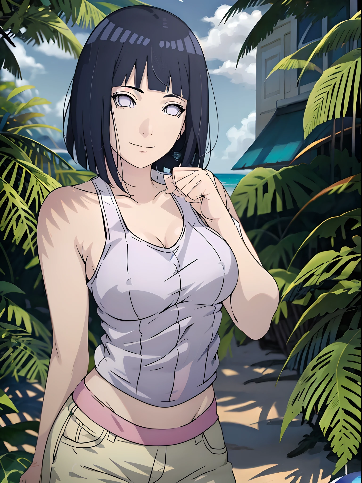 (WALLPAPER,  (hinata\(boruto\), masterpiece, 4k, vector coloring, whole body shot, contrast lighting, mature female, (curvy:0.8), solo, anime style, sharp focus, professional artwork, intricate details, detailed beach background, colorful, vibrant colors, vivid colors, digital blending, ultra detailed body, ultra detail hair, ultra detail face, trending on pixiv, very hot colors, sunny day, outdoor, detailed bold arm lines, high color saturation, bold lines, bold drawing lines),
(standing, open mouth, kind smile, extremely happy, goodbye, sexy pose),
((dark blue hair color:1.1), wavy hair, ((short hair, hime cut)),
(perfect eyes, white sciera, bright eyes, white eyes, anime eyes, smoky eyeliner, eyeshadow)
(white skin, slender body, milf, navel, groin, flat belly, perfect face, perfect thighs),
(Thighs, legs, big breasts, perky boobs, off-shoulders, (groin, detailed shoulders), 
(almost naked, only white clothes, bare chest, bare shoulders, bare hands, bare legs), 
( topless, white pants, no top)