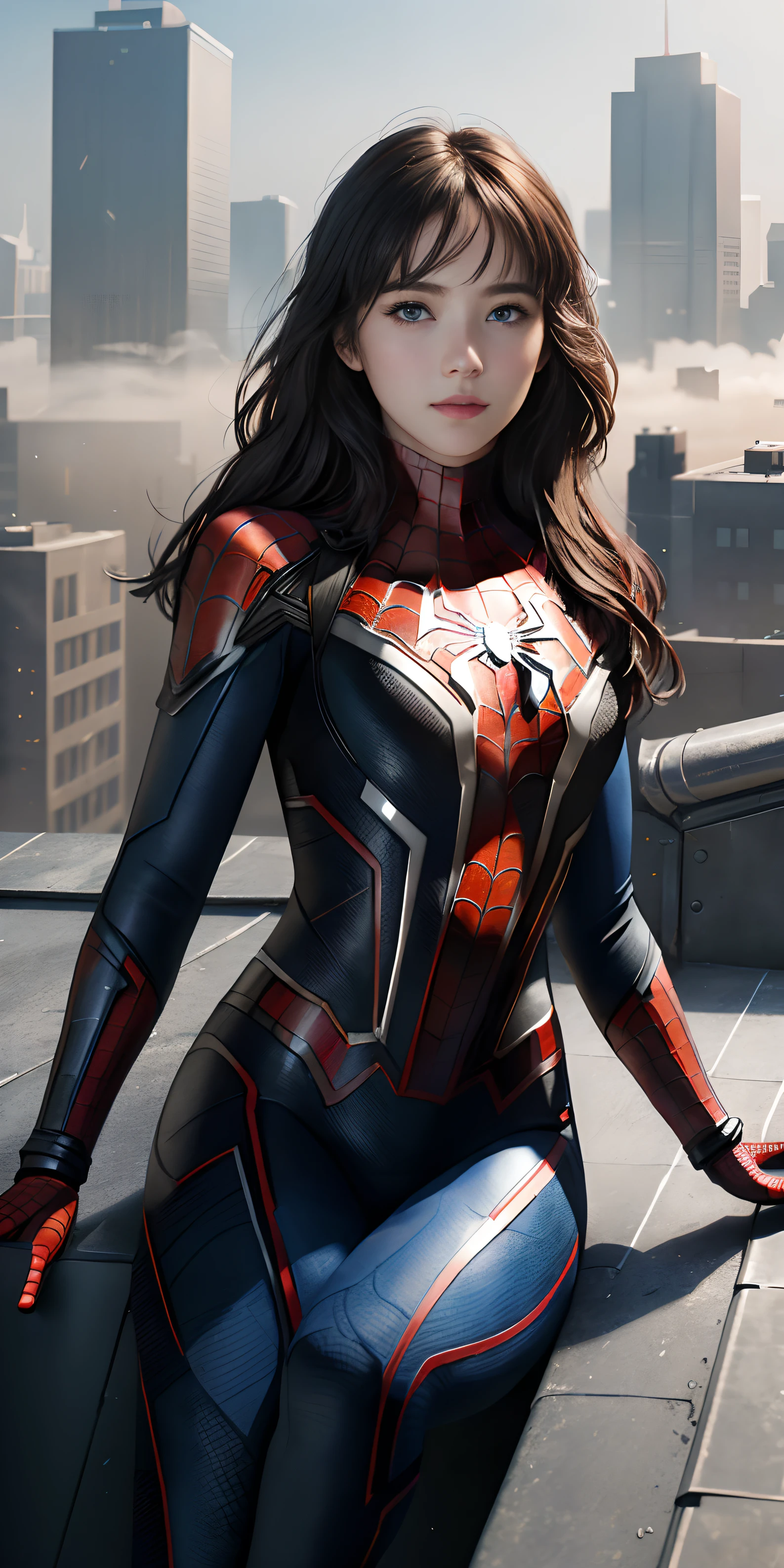 (1girl:1.3), Solo, (((Very detailed face)))), ((Very detailed eyes and face)))), Beautiful detail eyes, Body parts__, Official art, Unified 8k wallpaper, Super detailed, beautiful and beautiful, beautiful, masterpiece, best quality, original, masterpiece, super fine photo, best quality, super high resolution, realistic realism, sunlight, full body portrait, amazing beauty, dynamic pose, delicate face, vibrant eyes, (from the front), She wears Spider-Man suit, red and black color scheme, spider, very detailed city roof background, rooftop, overlooking the city, detailed face, detailed complex busy background, messy, gorgeous, milky white, highly detailed skin, realistic skin details, visible pores, clear focus, volumetric fog, 8k uhd, DSLR, high quality, film grain, fair skin, photo realism, lomography, futuristic dystopian megalopolis, translucent