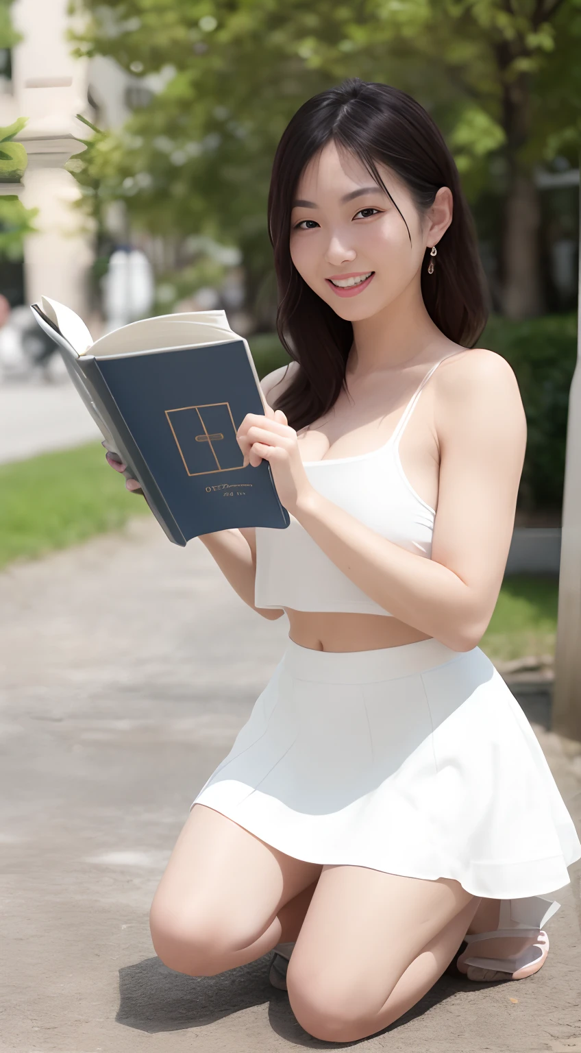 There is a woman kneeling to a woman holding a book, wearing white skirt, uhd candid photo of dirty, in a sunny day, Interaction and Pose, in a sunny day, in a sunny day, Young Pretty Gravure Idol, Photo taken with Nikon D 7 5 0, Photograph Taken on Nikon D750, Young Gravure Idol