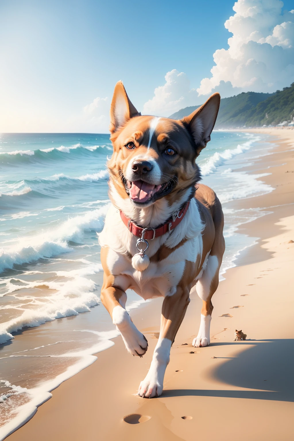 Happy dog walking on the beach、The dog has 4 legs、Walk along the edge of the waves in the distance、blue-sky、Bright sun and strong sunshine