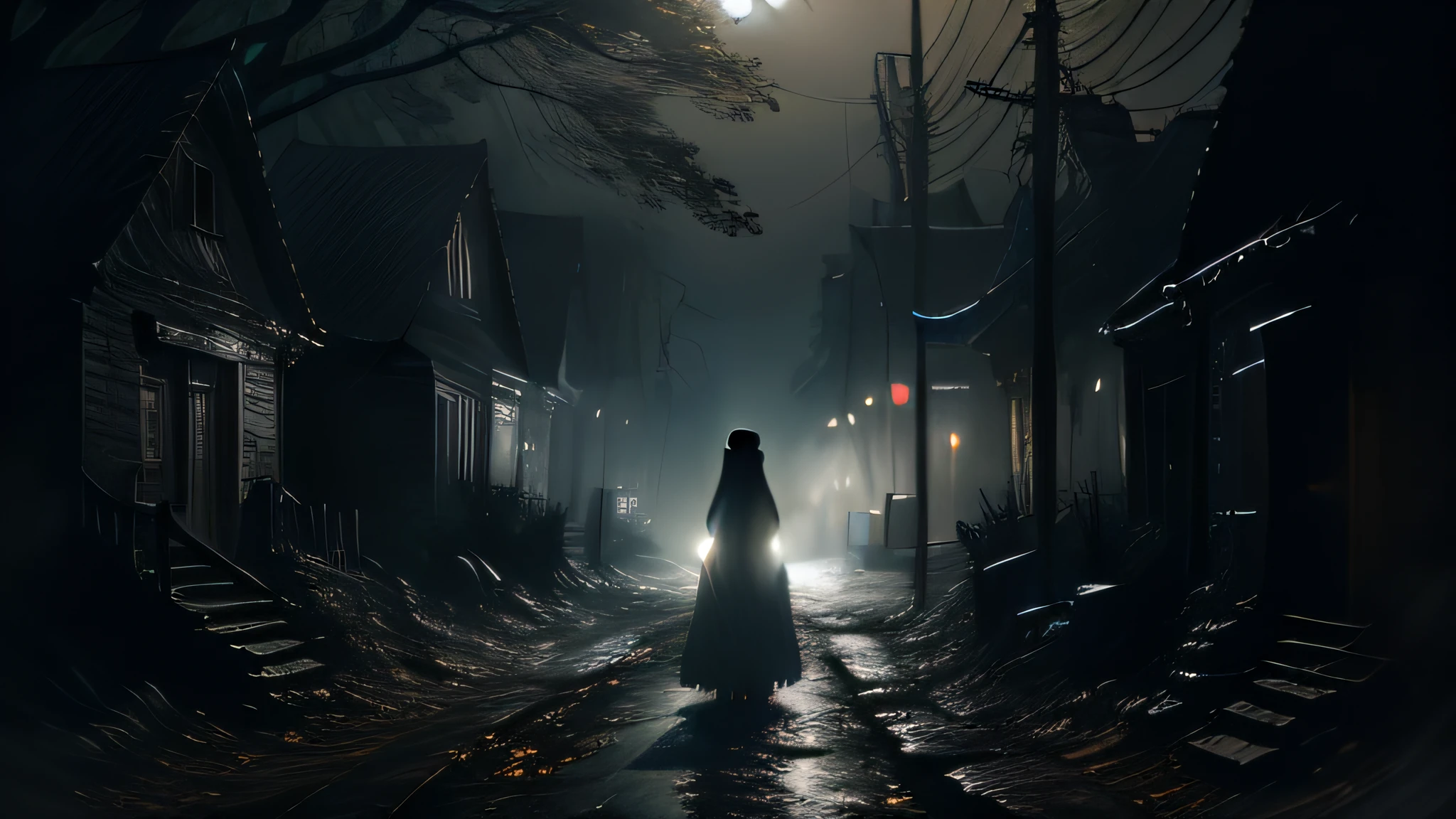 (best quality,photorealistic:1.2),a woman in a white dress blocking a car, old road, dim and dark, horror movie, ultra-detailed, creepy atmosphere, gloomy night, spine-chilling trees